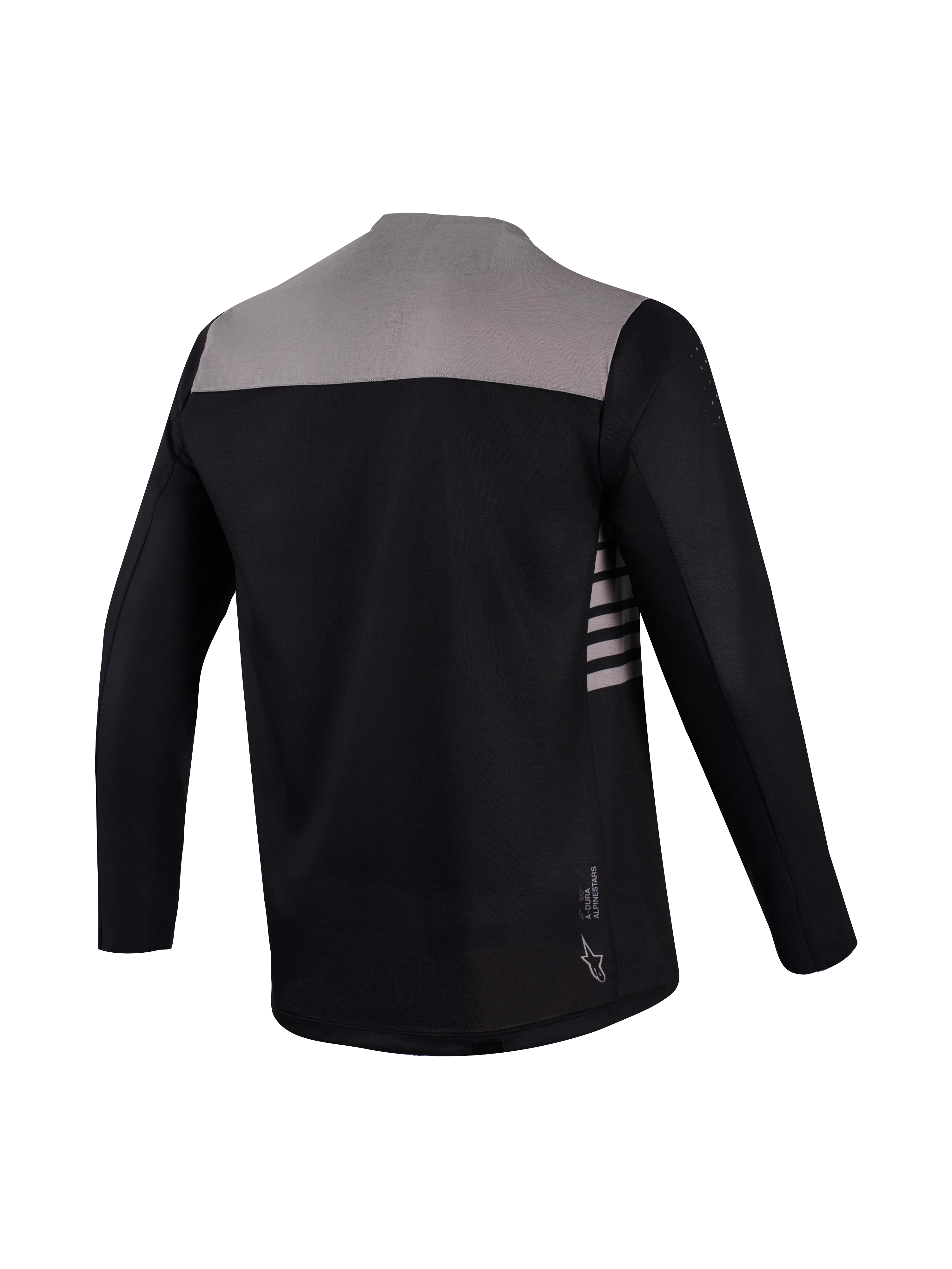 Alpinestars A-Dura Elite Trikot 2.0, Rückansicht in Schwarz-Grau mit verlängertem Rücken für MTB-Performance.