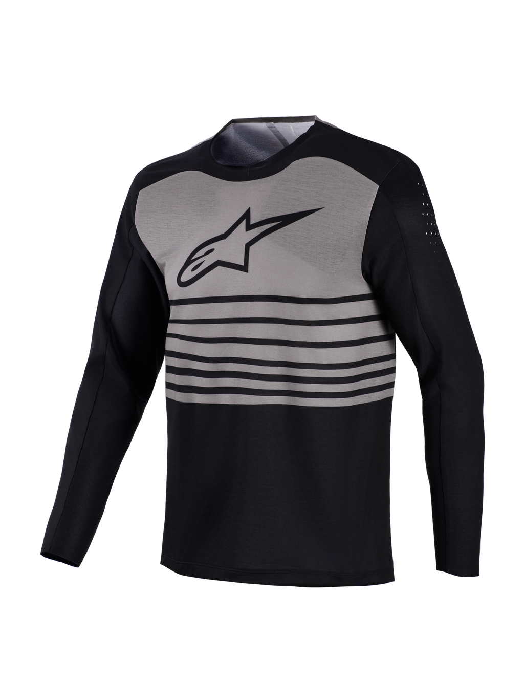 A-Dura Elite MTB-Trikot, schwarz-grau mit horizontalen Streifen und atmungsaktiven Perforationen am Oberarm.