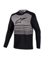 A-Dura Elite MTB-Trikot, schwarz-grau mit horizontalen Streifen und atmungsaktiven Perforationen am Oberarm.