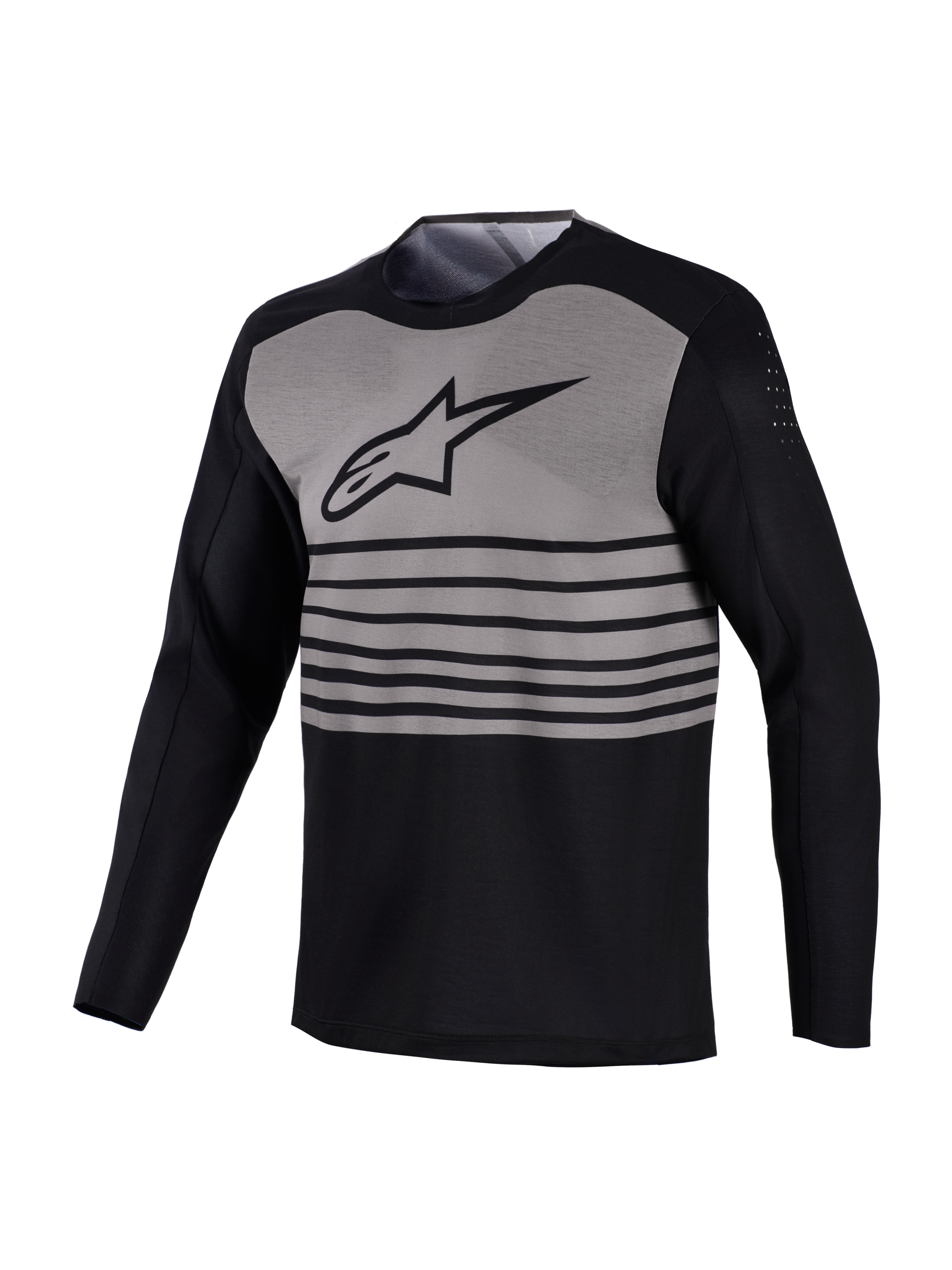 A-Dura Elite MTB-Trikot, schwarz-grau mit horizontalen Streifen und atmungsaktiven Perforationen am Oberarm.