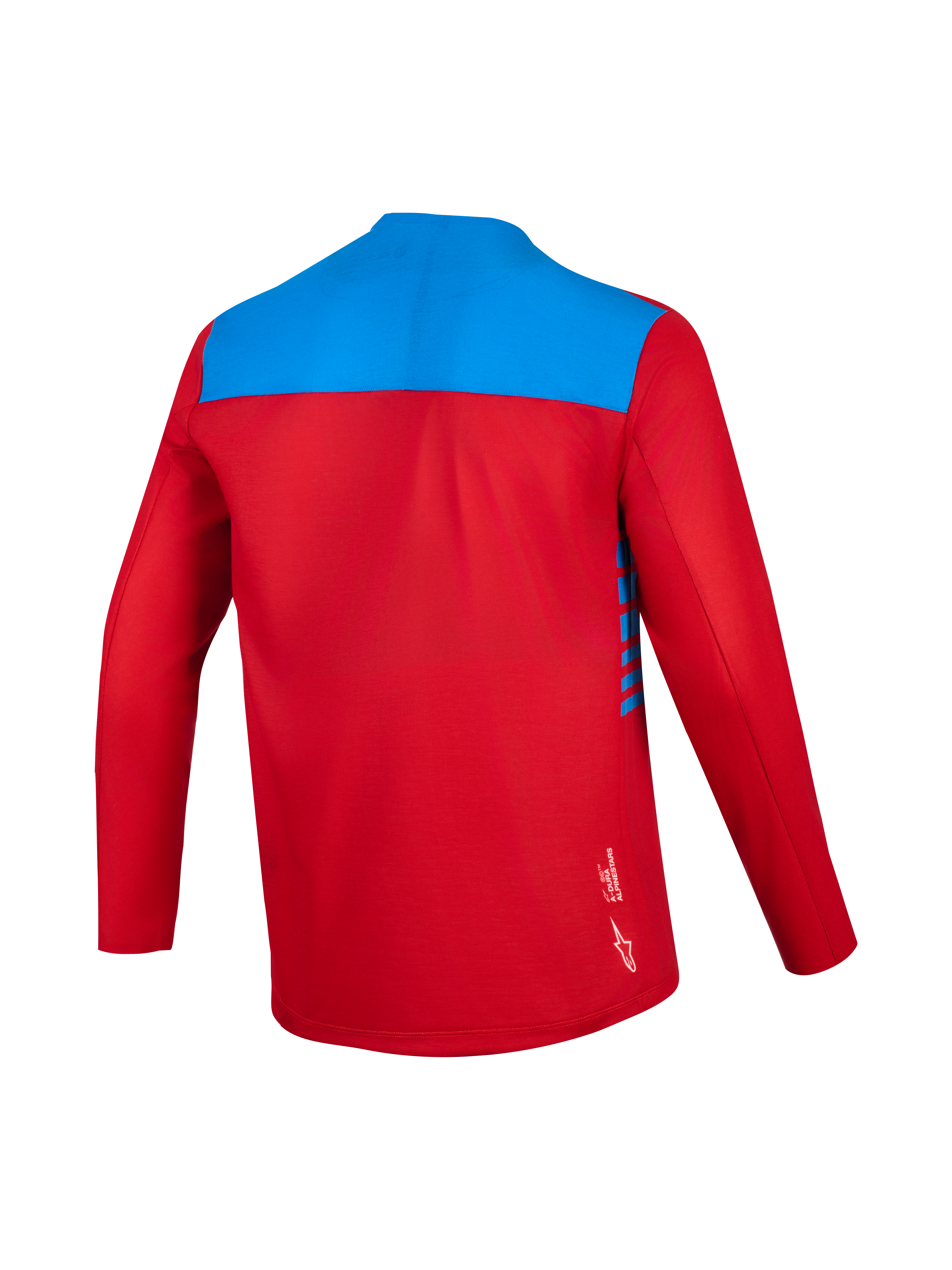 Alpinestars A-Dura Elite Jersey 2.0 Long Sleeve, Red and Blue, back view showing trail-ready moisture-wicking fabric.