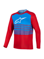Red and blue A-Dura Elite 2.0 long sleeve MTB jersey with a white Alpinestars chest logo and bicep ventilation.