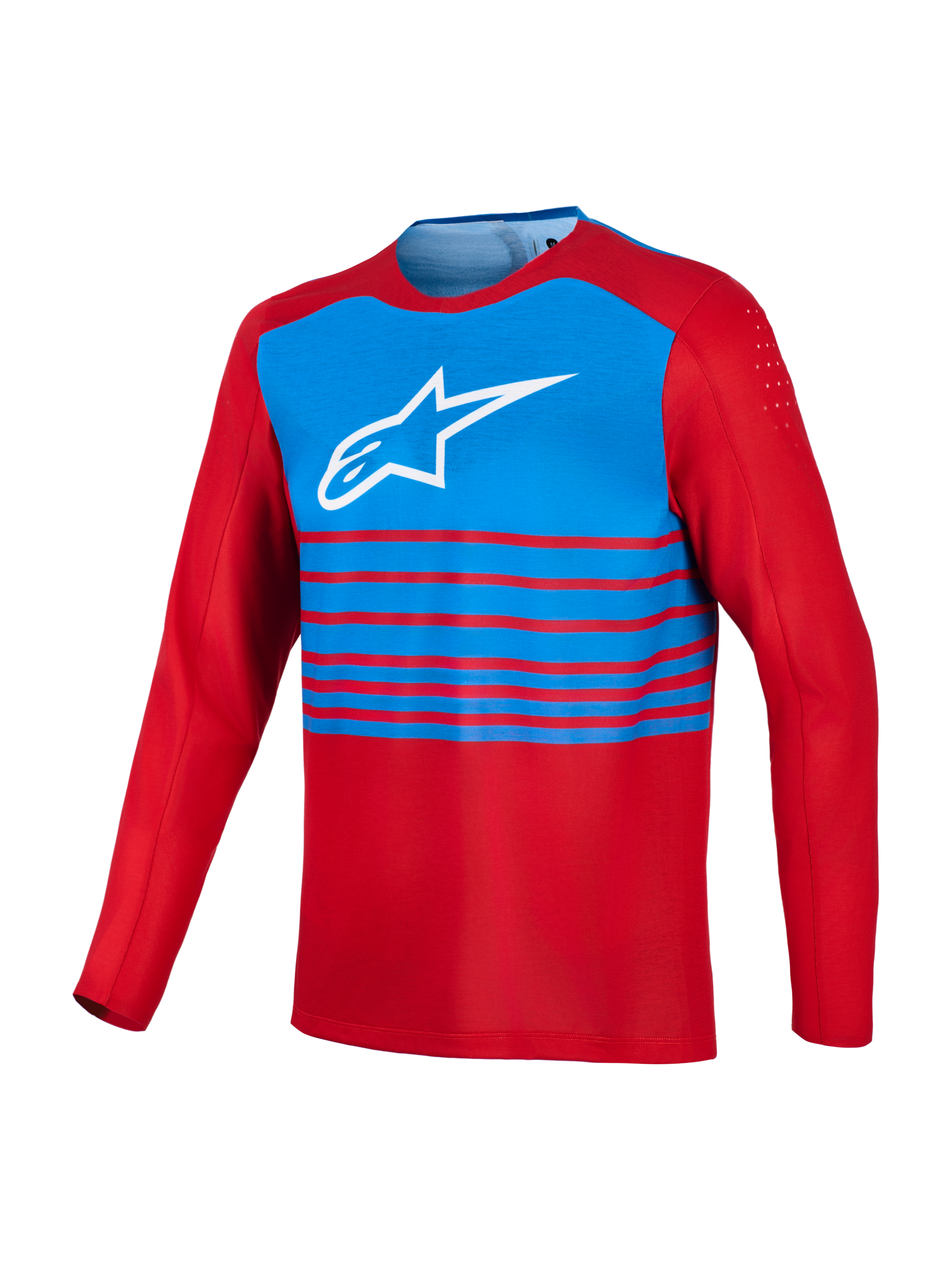 Red and blue A-Dura Elite 2.0 long sleeve MTB jersey with a white Alpinestars chest logo and bicep ventilation.