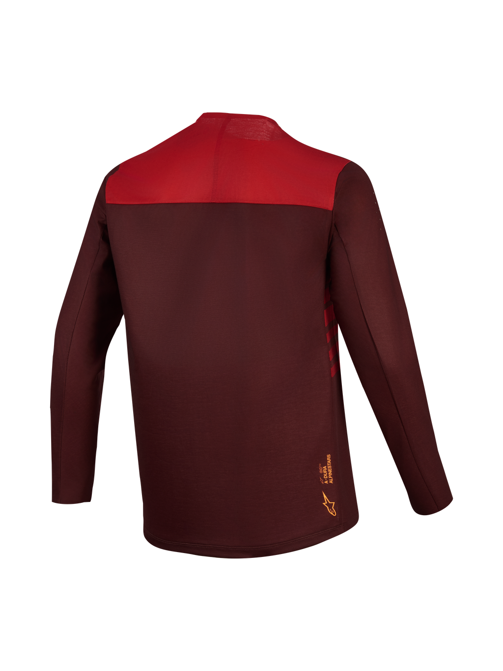 A-Dura Elite Trikot 2.0 in Bordeaux und Rot, langärmeliges MTB-Jersey mit Color-Blocking-Rücken und verlängertem Saum.