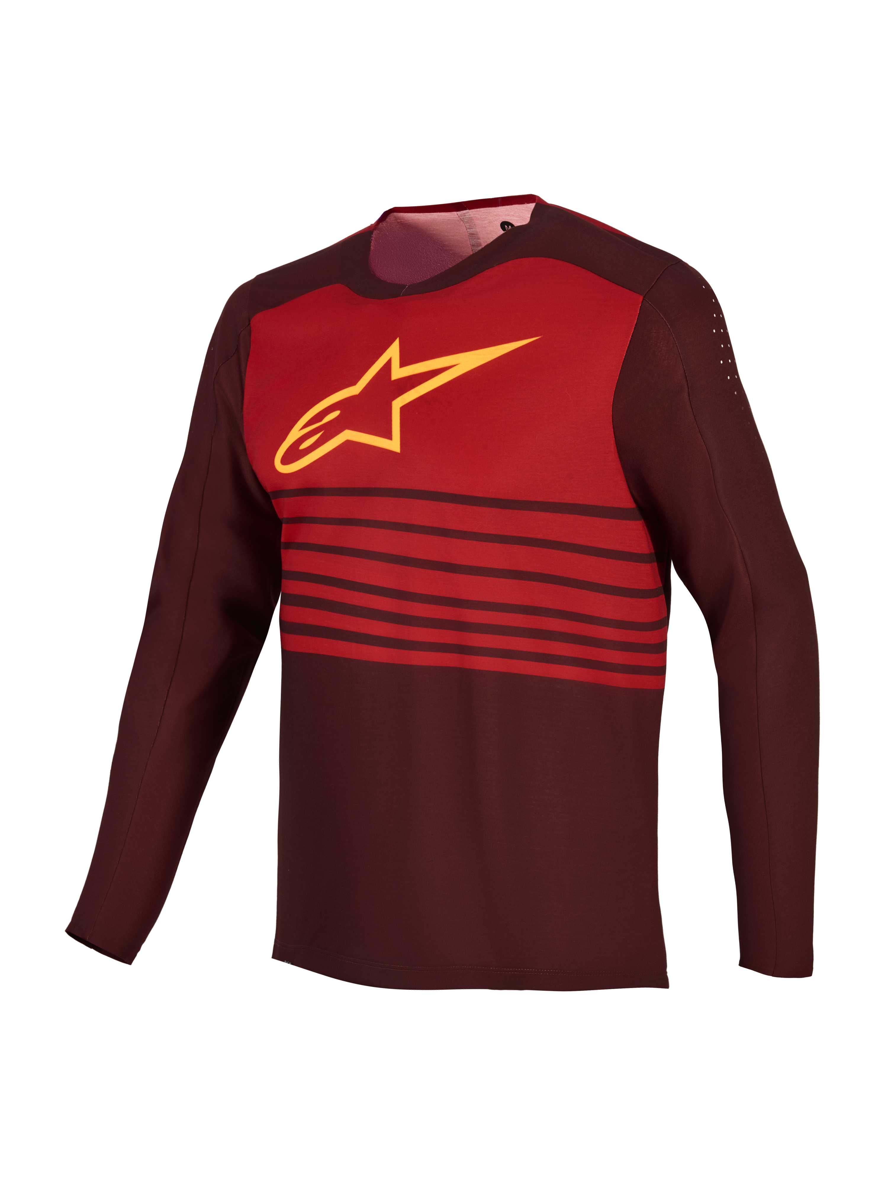 Alpinestars A-Dura Elite Trikot 2.0 in Bordeaux, langärmliges MTB-Jersey mit gelbem Astars-Logo und rotem Brustblock.