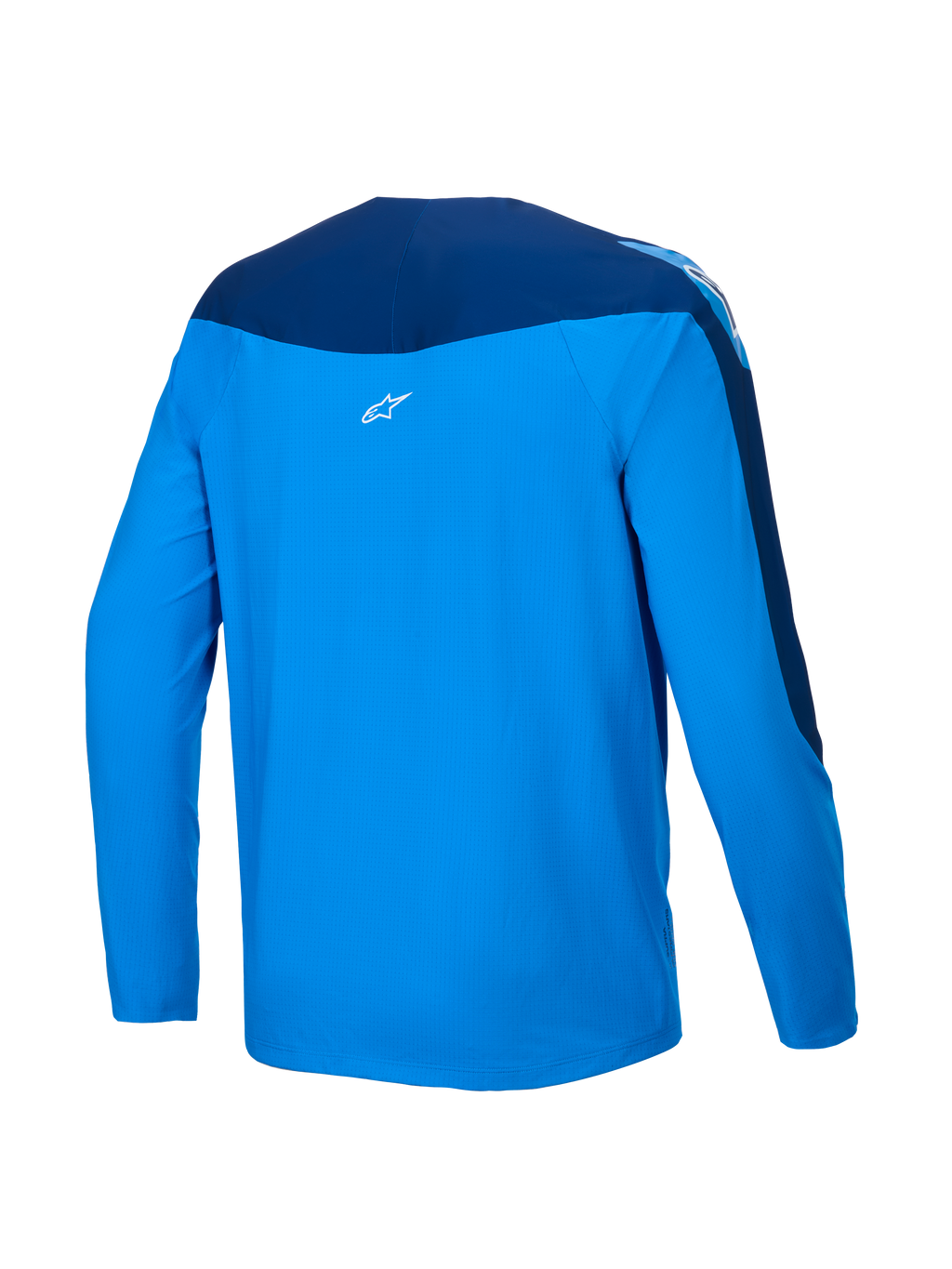 Alpinestars A-Supra Melt Trikot, Langarm-MTB-Trikot, Rückansicht in Blau und Dunkelblau, leichtes mikroperforiertes Polyester mit Stretch-Panels