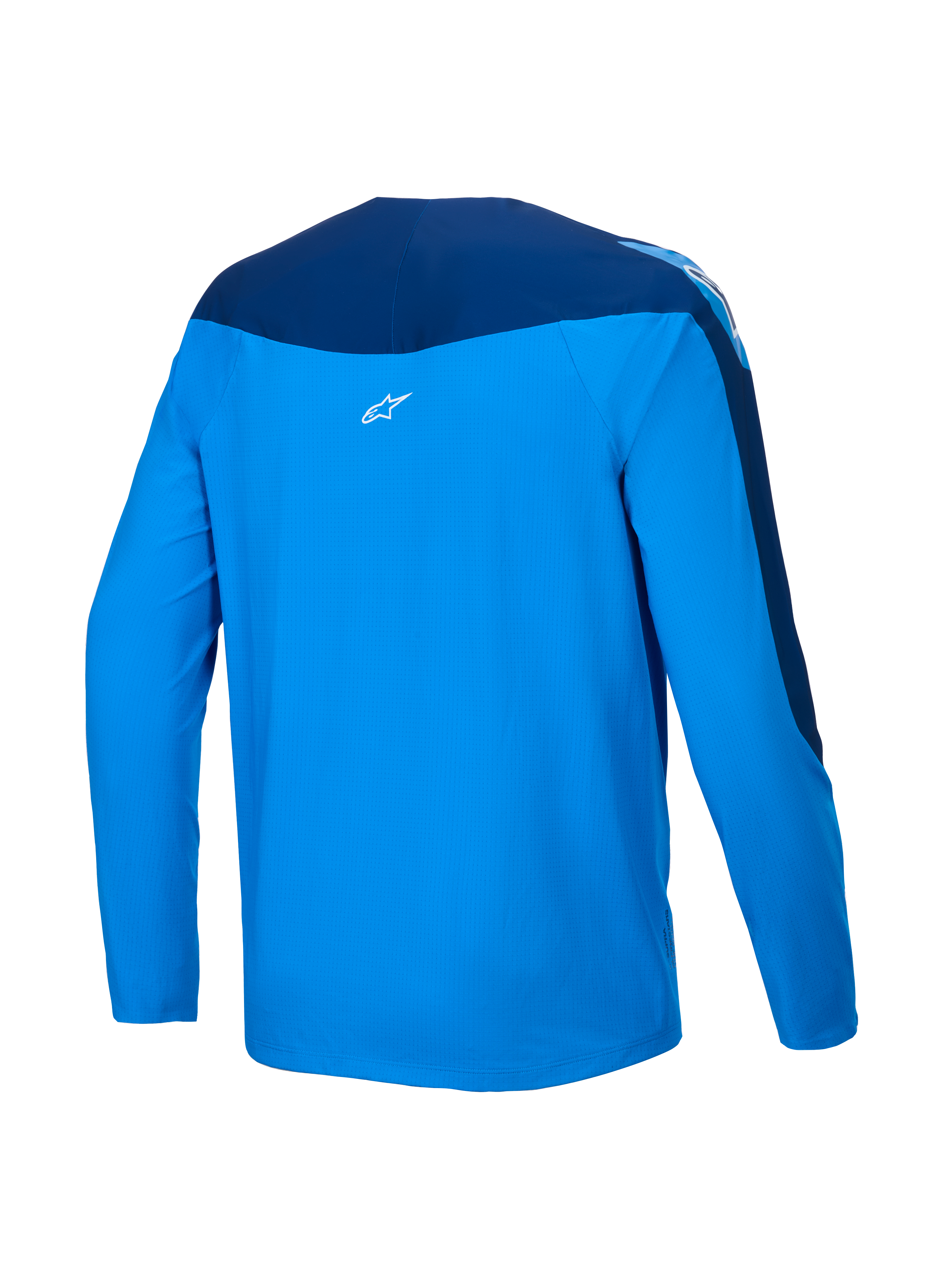 Alpinestars A-Supra Melt Trikot, Langarm-MTB-Trikot, Rückansicht in Blau und Dunkelblau, leichtes mikroperforiertes Polyester mit Stretch-Panels