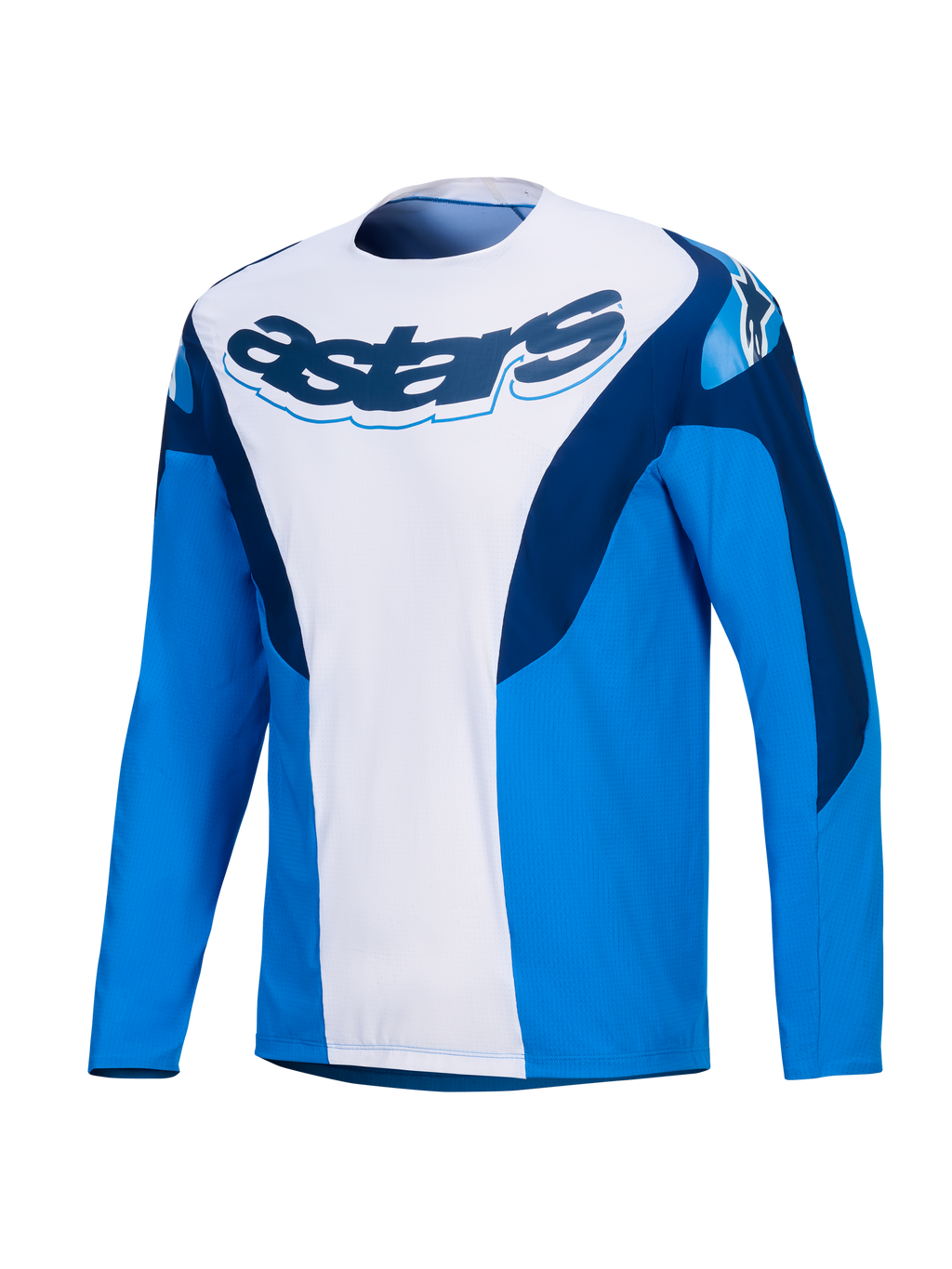 Alpinestars A-Supra Melt Trikot, Langarm MTB-Radsporttrikot in Blau und Weiß mit dunklen Blautönen, Stretch-Einsätzen und Herren-Performance-Activewear.