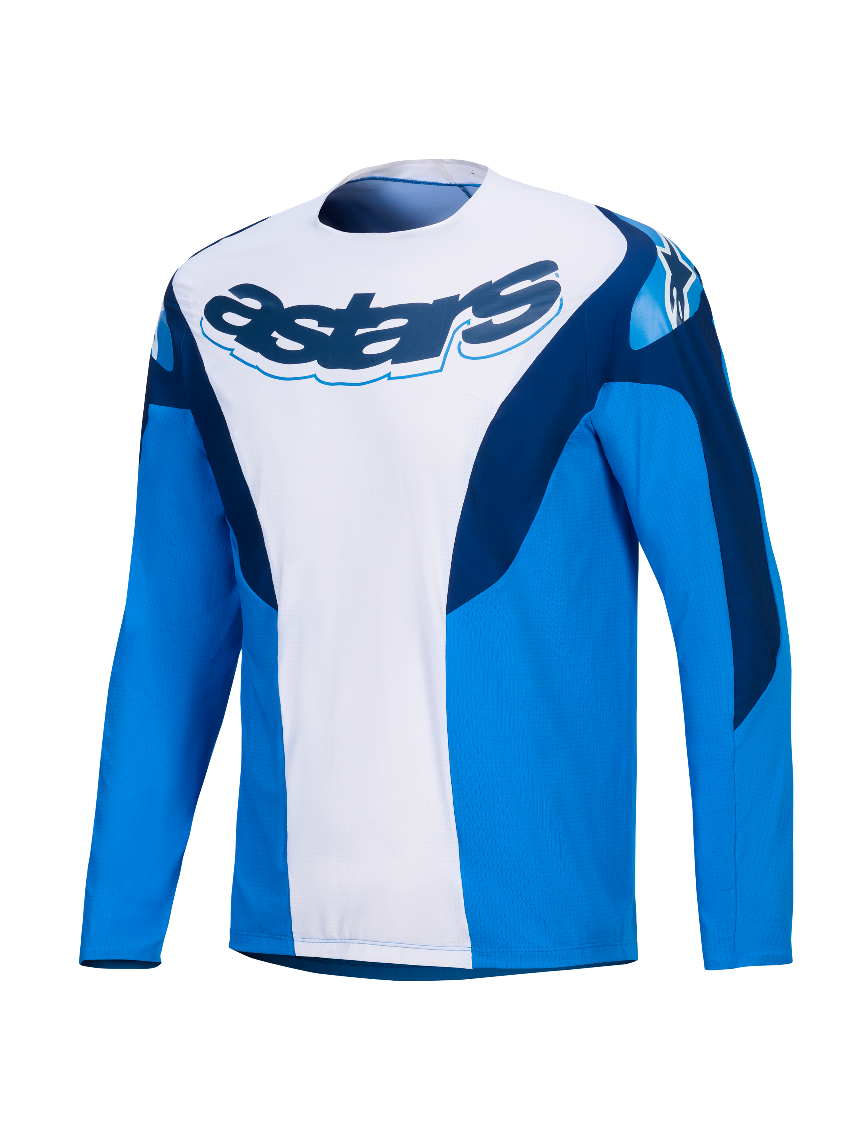 Alpinestars A-Supra Melt Trikot, Langarm MTB-Radsporttrikot in Blau und Weiß mit dunklen Blautönen, Stretch-Einsätzen und Herren-Performance-Activewear.