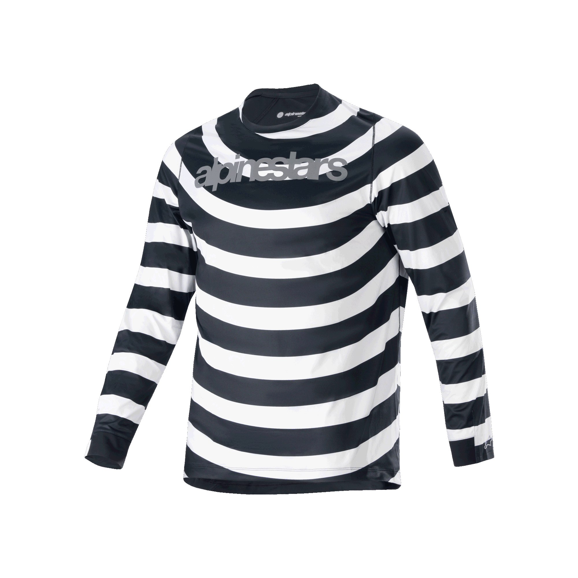 Alpinestars A-Aria Oscar Jersey, Long Sleeve MTB Jersey, Black and White spiral horizontal stripes, grey Alpinestars logo on the chest, lightweight and breathable performance cycling gear