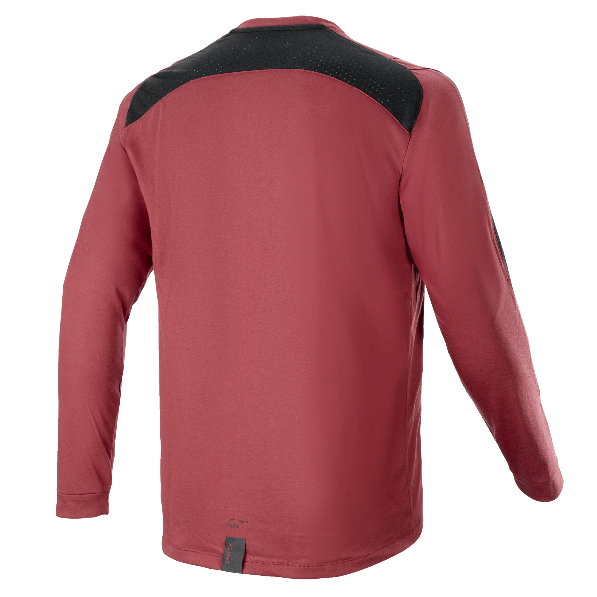 Alpinestars A-Dura Dri Astar Langarmtrikot, Burgund, Mountainbike-Trikot, Rückansicht mit schwarzem Mesh-Belüftungseinsatz an den Schultern, lange Ärmel, technisches Performance-Gewebe für Offroad-Radsport