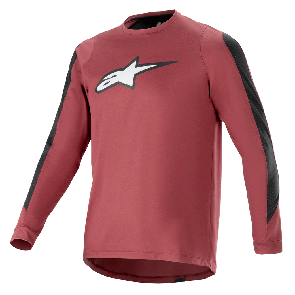 Alpinestars A-Dura Dri Astar Langarmtrikot, Burgunderrot und Schwarz, feuchtigkeitsableitendes drirelease-Gewebe, Rundhalsausschnitt, weißes Astar-Logo auf der Brust, schwarze Mesh-Einsätze an den Ärmeln, Performance-Mountainbike-Bekleidung