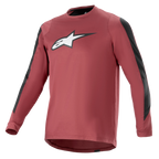 Alpinestars A-Dura Dri Astar Langarmtrikot, Burgunderrot und Schwarz, feuchtigkeitsableitendes drirelease-Gewebe, Rundhalsausschnitt, weißes Astar-Logo auf der Brust, schwarze Mesh-Einsätze an den Ärmeln, Performance-Mountainbike-Bekleidung