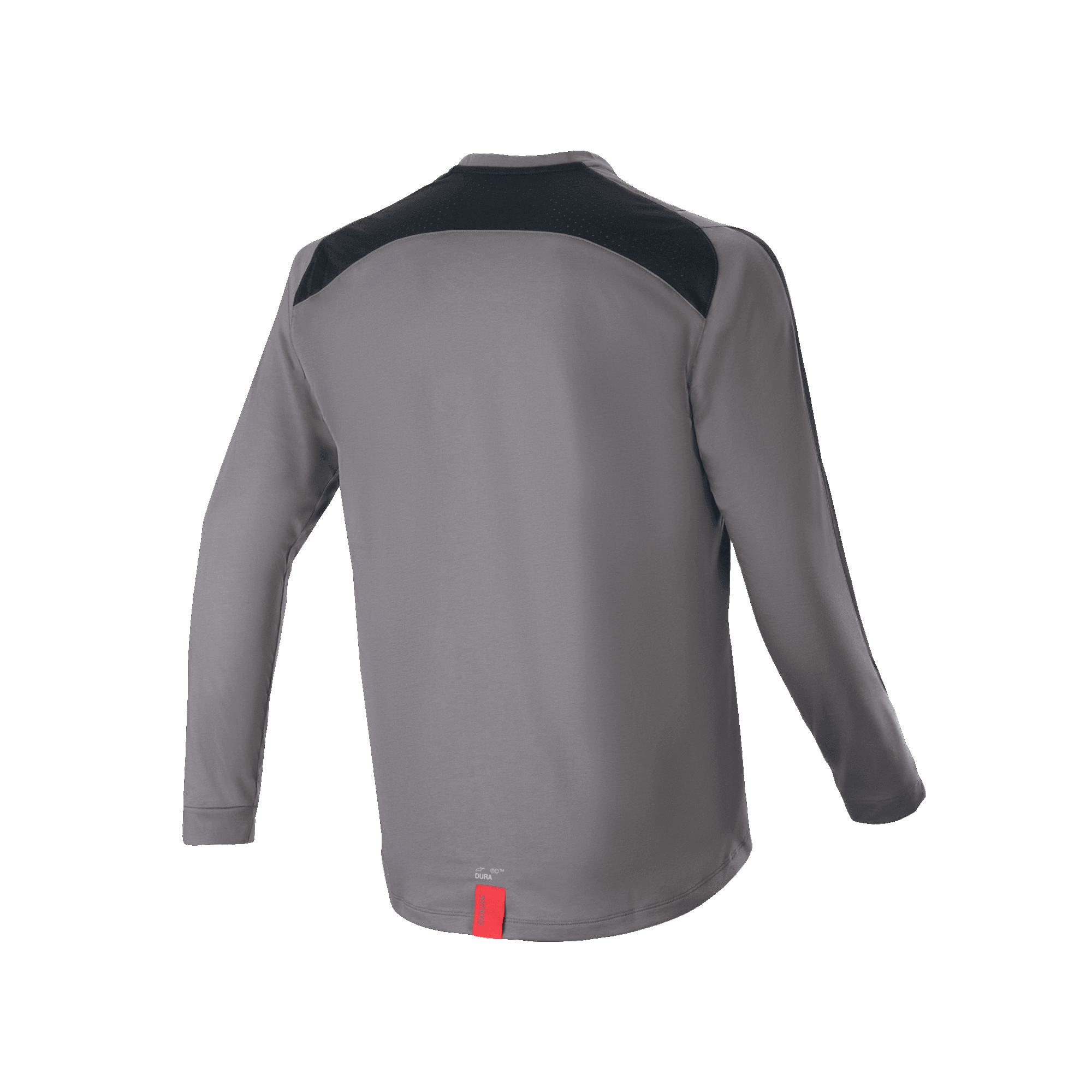 Alpinestars A-Dura Dri Astar Langarmtrikot, Dunkelgrau, Rückansicht mit schwarzen Mesh-Belüftungseinsätzen über den Schultern und einem kleinen roten Etikett am Saum, technische Mountainbike-Bekleidung