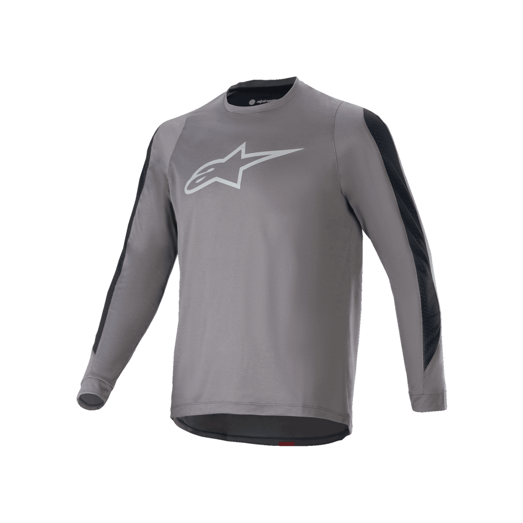 Alpinestars A-Dura Dri Astar Langarmtrikot, Dunkelgrau mit weißem Astar-Logo auf der Brust, schwarze Mesh-Belüftungseinsätze an den Ärmeln, Performance-Radsportbekleidung für MTB