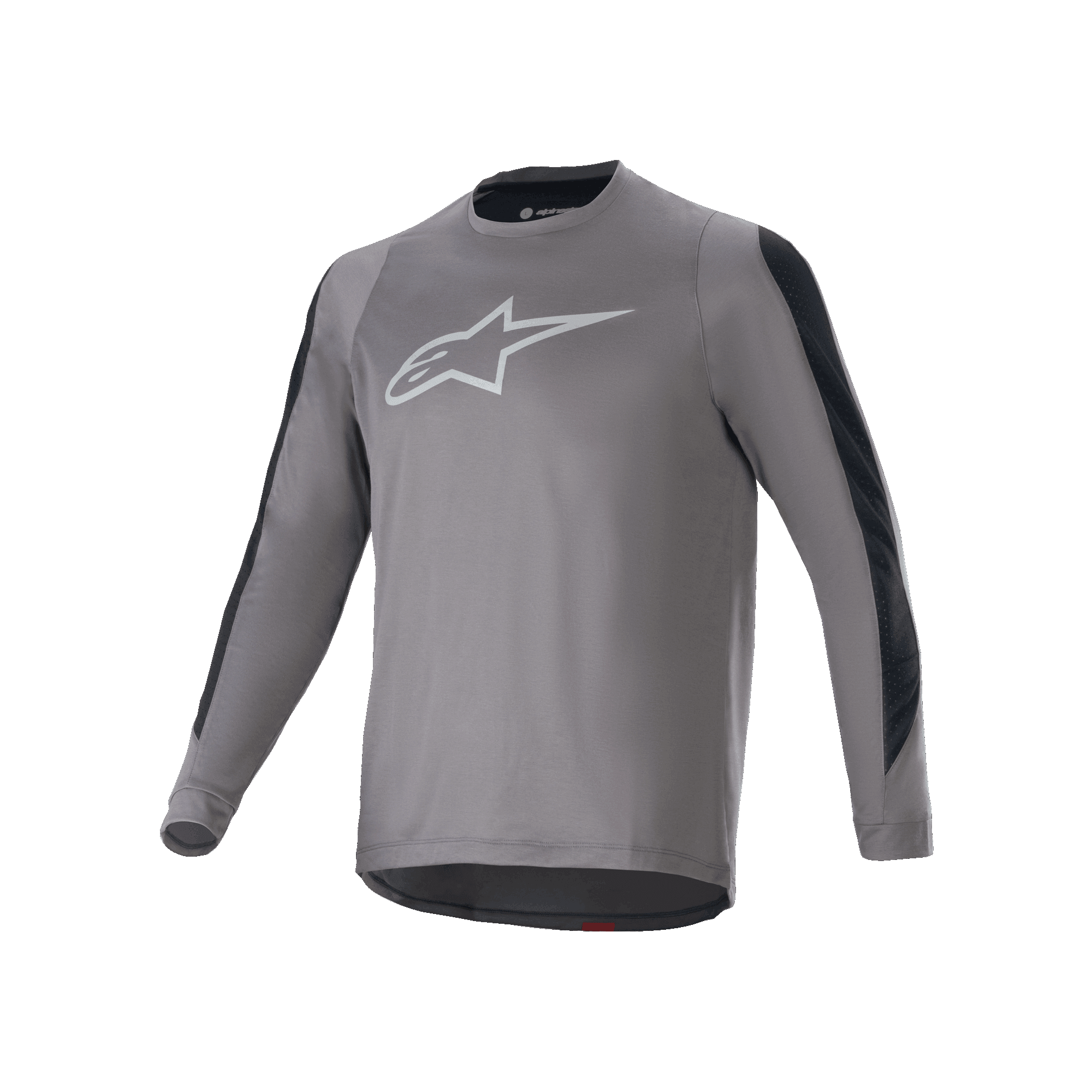 Alpinestars A-Dura Dri Astar Langarmtrikot, Dunkelgrau mit weißem Astar-Logo auf der Brust, schwarze Mesh-Belüftungseinsätze an den Ärmeln, Performance-Radsportbekleidung für MTB