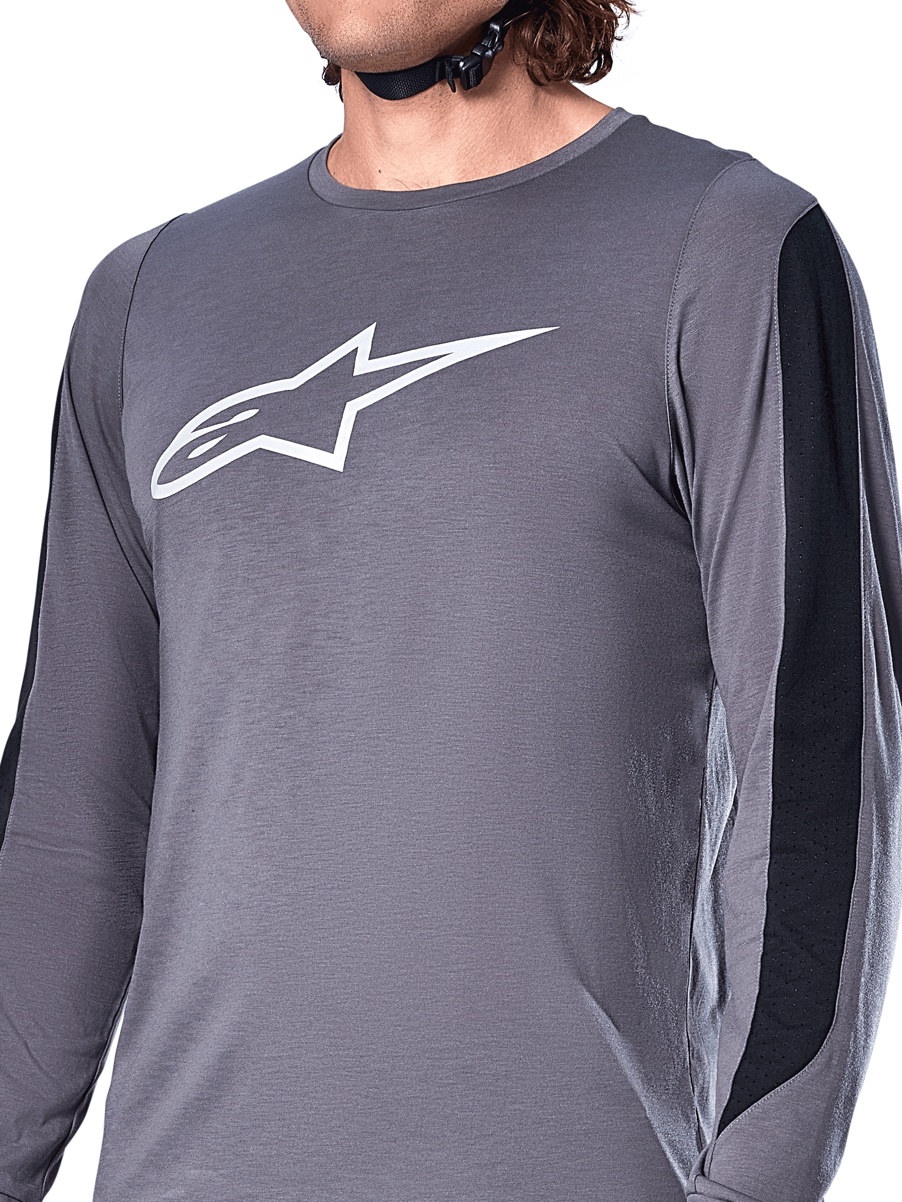 Alpinestars A-Dura Dri Astar Langarmtrikot, Dunkelgrau, weißes Astars-Logo auf der Brust, schwarze Mesh-Einsätze an den Ärmeln, Hochleistungs-Mountainbike-Bekleidung