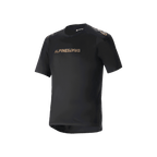 Alpinestars A-Aria Polartec Switch Short Sleeve Jersey, Black mountain bike jersey, bronze-toned Alpinestars branding on chest and shoulders, technical moisture-wicking fabric, performance fit with drop tail hem
