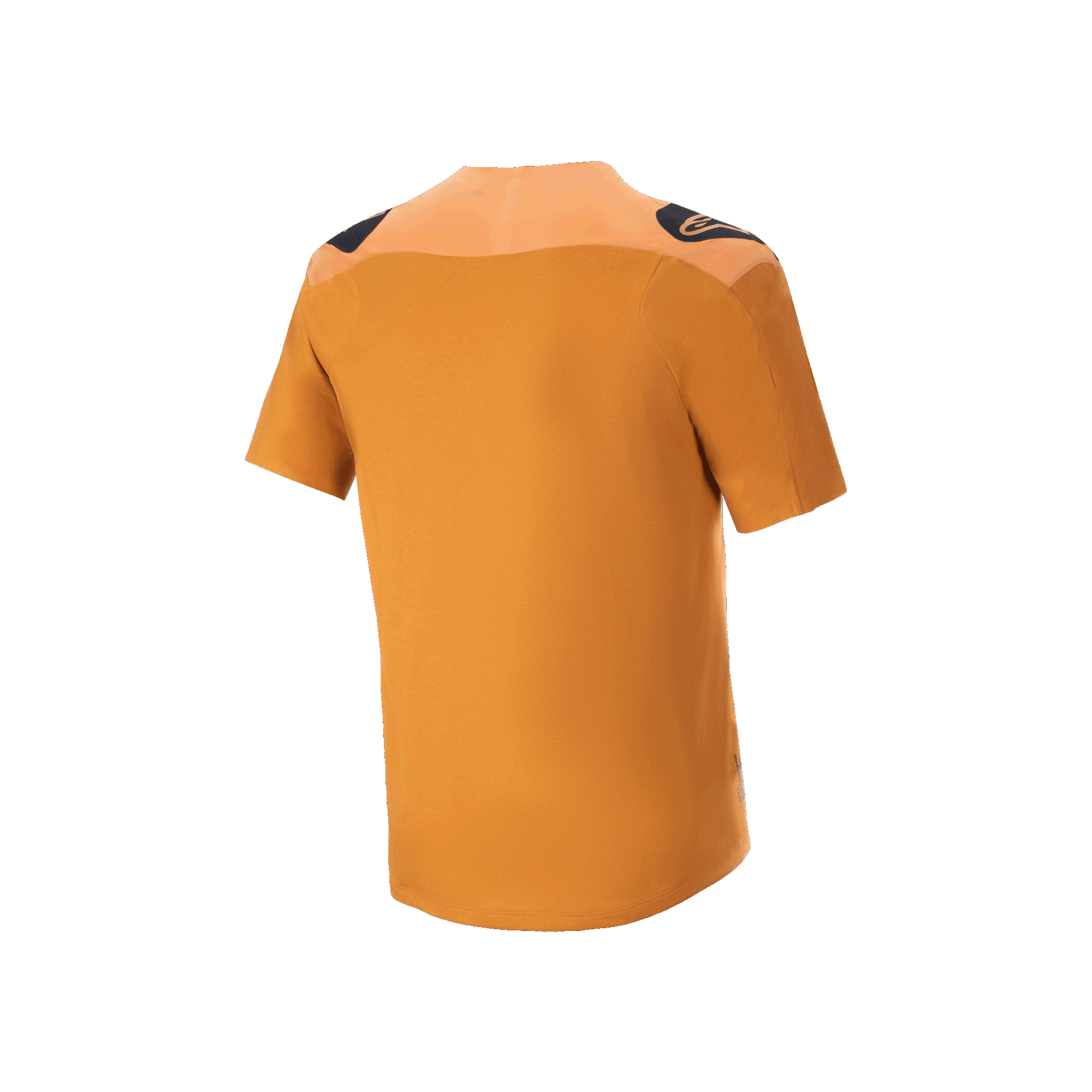 Alpinestars A-Aria Polartec Switch Trikot, Kurzarm-MTB-Trikot, Dark Gold, Rückansicht mit schwarzen Schulterlogos und längerem abfallendem Saum, Performance-Mountainbike-Bekleidung