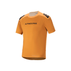 Alpinestars A-Aria Polartec Switch Kurzarm-Trikot, Dark Gold, schwarzer Alpinestars-Schriftzug auf der Brust, Schulterlogos, technische Mountainbike-Bekleidung mit Drop-Tail-Design