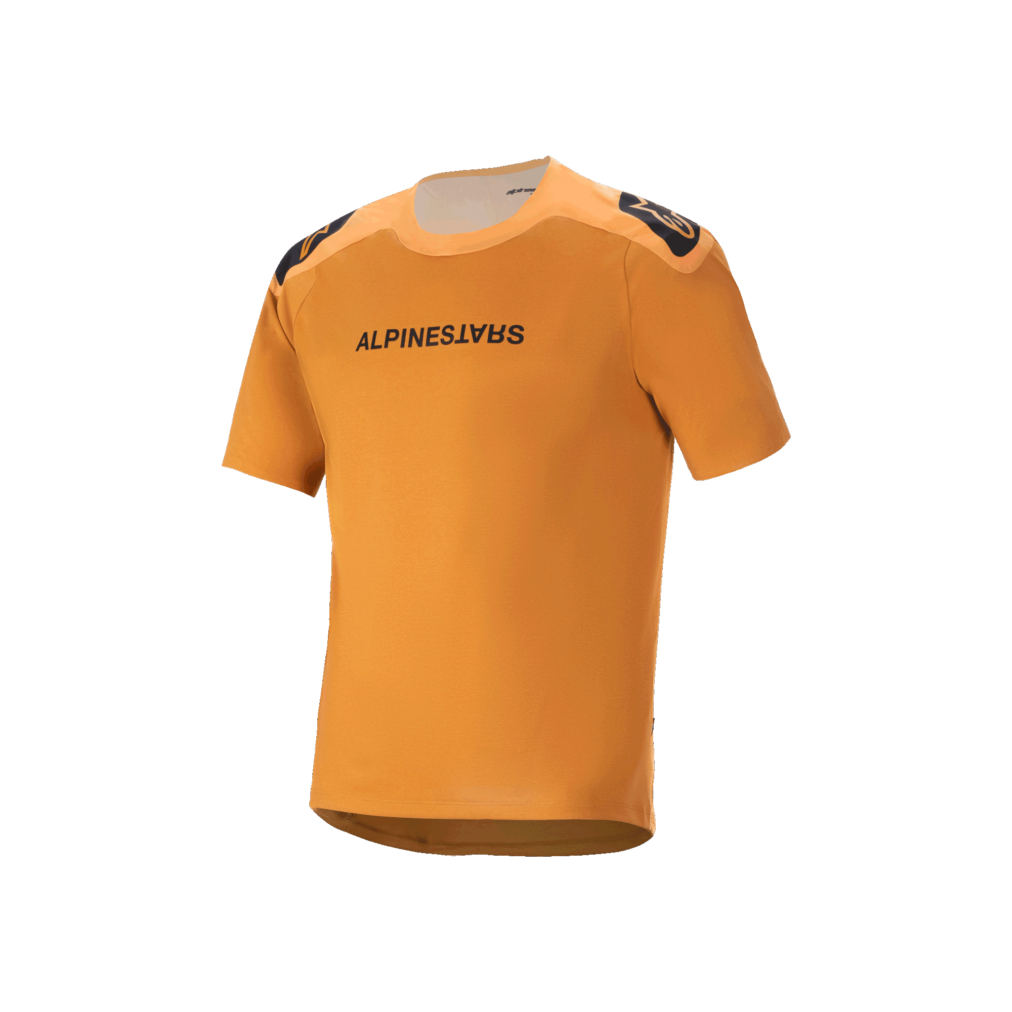 Alpinestars A-Aria Polartec Switch Kurzarm-Trikot, Dark Gold, schwarzer Alpinestars-Schriftzug auf der Brust, Schulterlogos, technische Mountainbike-Bekleidung mit Drop-Tail-Design