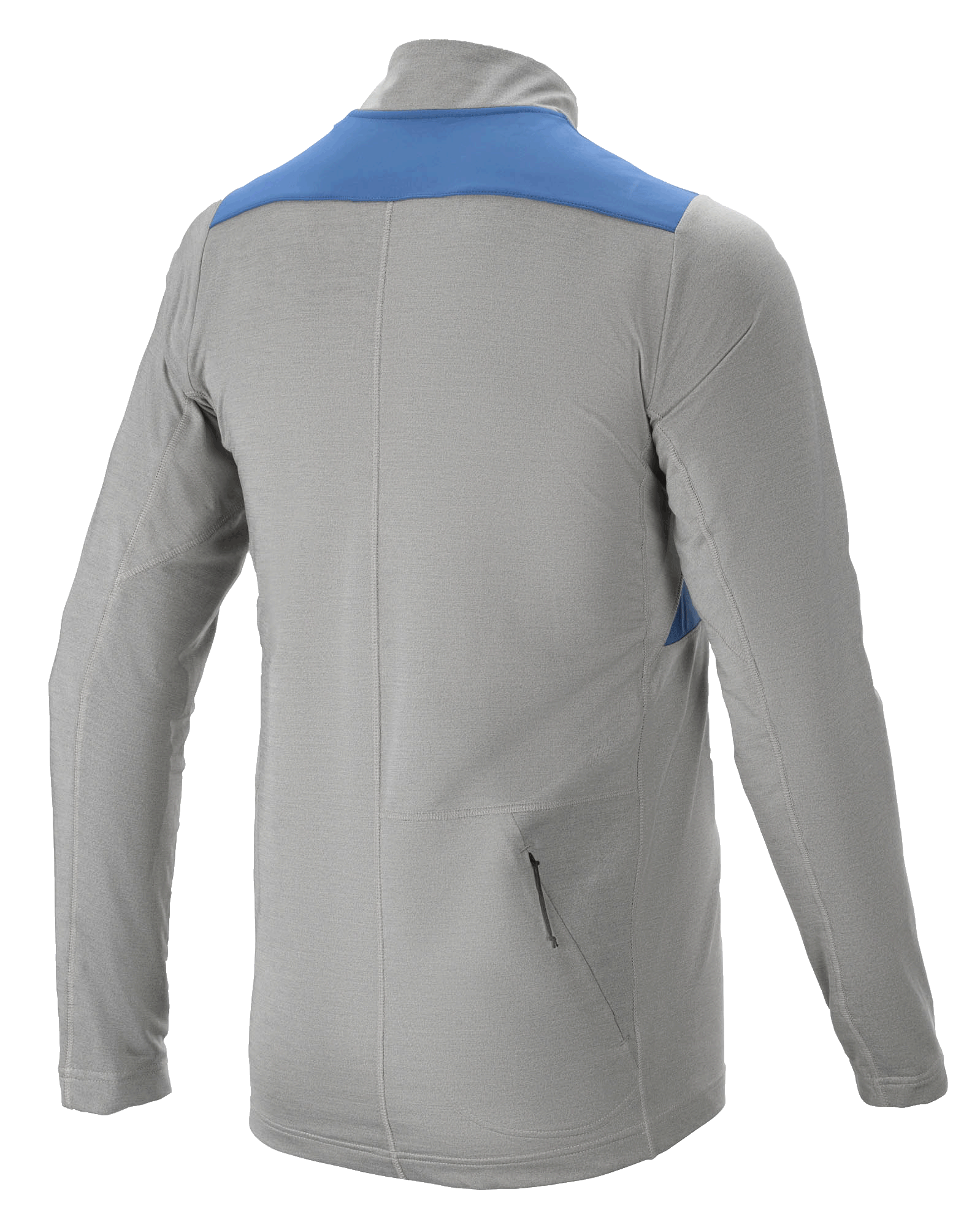 Alpinestars Nevada Long Sleeve Jersey, back view, Melange Gray with Mid Blue shoulder panel, featuring a zippered rear pocket and elongated drop tail, mountain bike performance wear