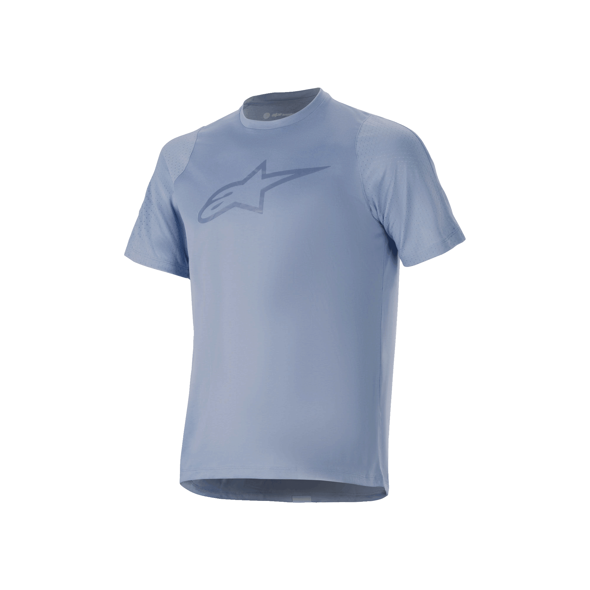 Alpinestars A-Dura Dri Astar Kurzarmtrikot, Infinity Blue, mit großem Brust-Logo, atmungsaktiven Mesh-Einsätzen an den Ärmeln und drirelease-Gewebe, konzipiert für Mountainbike-Performance.