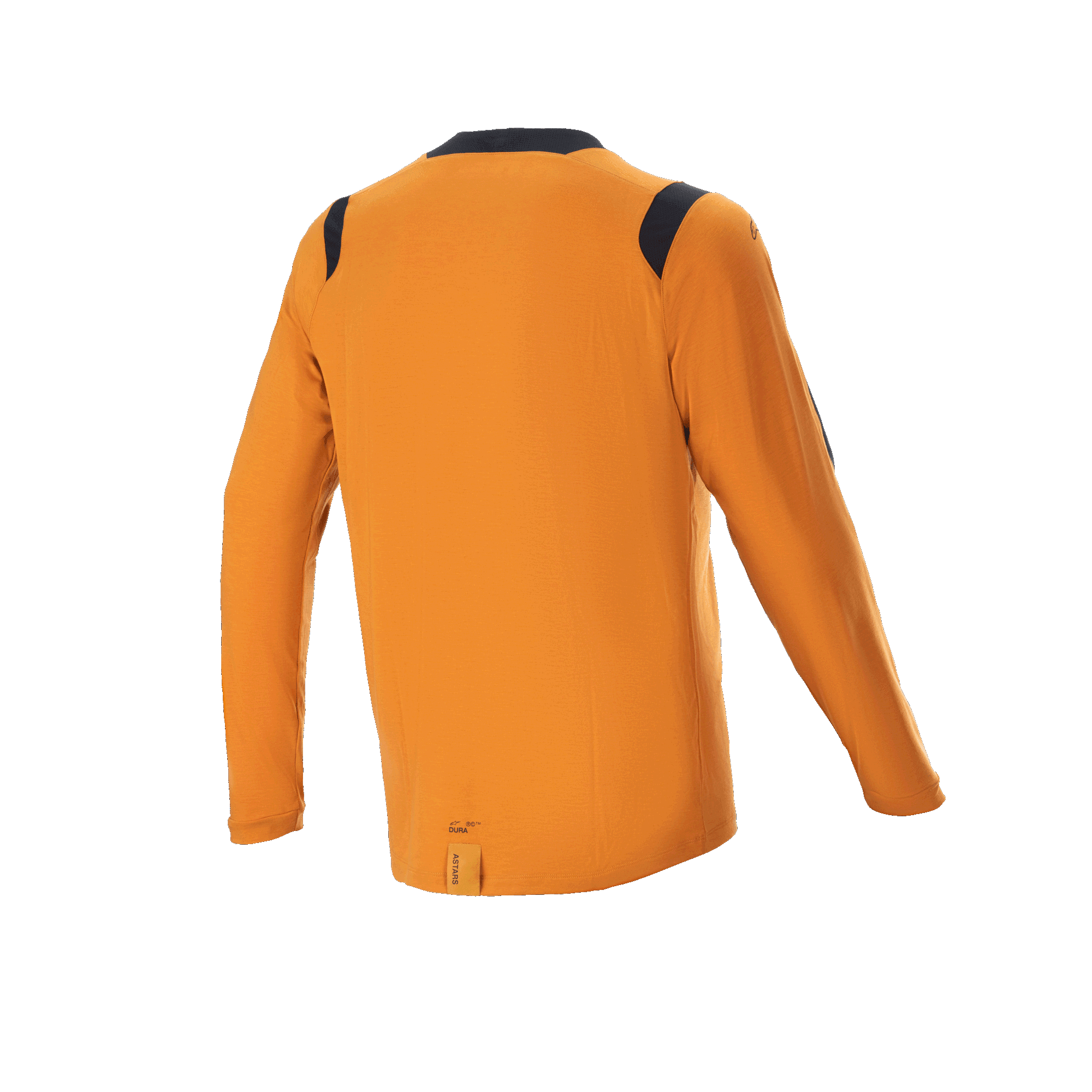 Alpinestars A-Dura Dri Wool Langarmtrikot, Dark Gold, Rückansicht mit schwarzen Mesh-Einsätzen an den Schultern und am Kragen, technische Mountainbike-Bekleidung mit verlängerter Rückenpartie