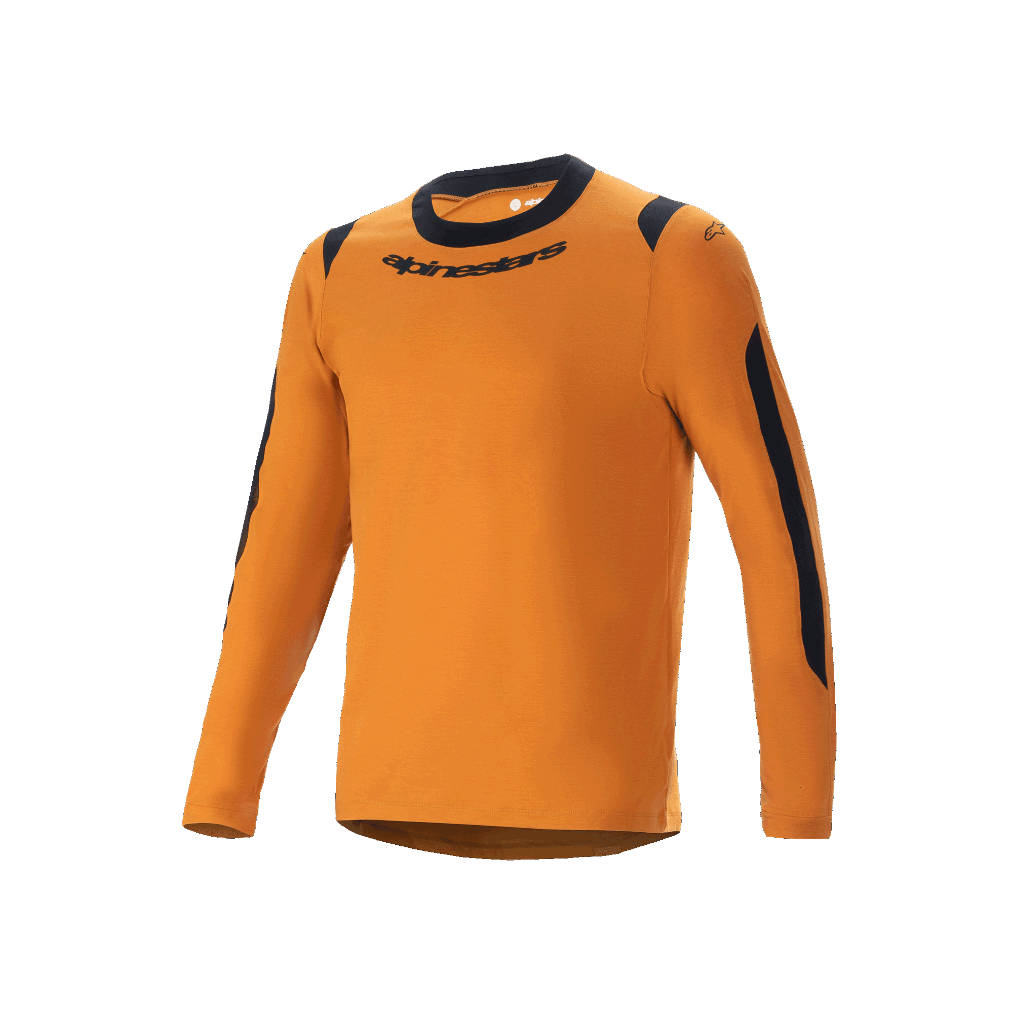 Alpinestars A-Dura Dri Wool Langarmtrikot, Mountainbike-Trikot, Dunkelgold, schwarzer Rundhalsausschnitt und Mesh-Einsätze an Schultern und Armen, Alpinestars-Schriftzug auf der Brust, technische Wollmischung für Trail-Fahrten