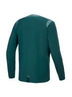 Alpinestars A-Dura Dri Wool Jersey – Langarm, Dark Pine, Rückansicht mit Mesh-Einsätzen an den Schultern und am Kragen, technisches Wollmischgewebe, verlängerter Rücken für MTB-Abdeckung, kleines oranges Branding am unteren Saum