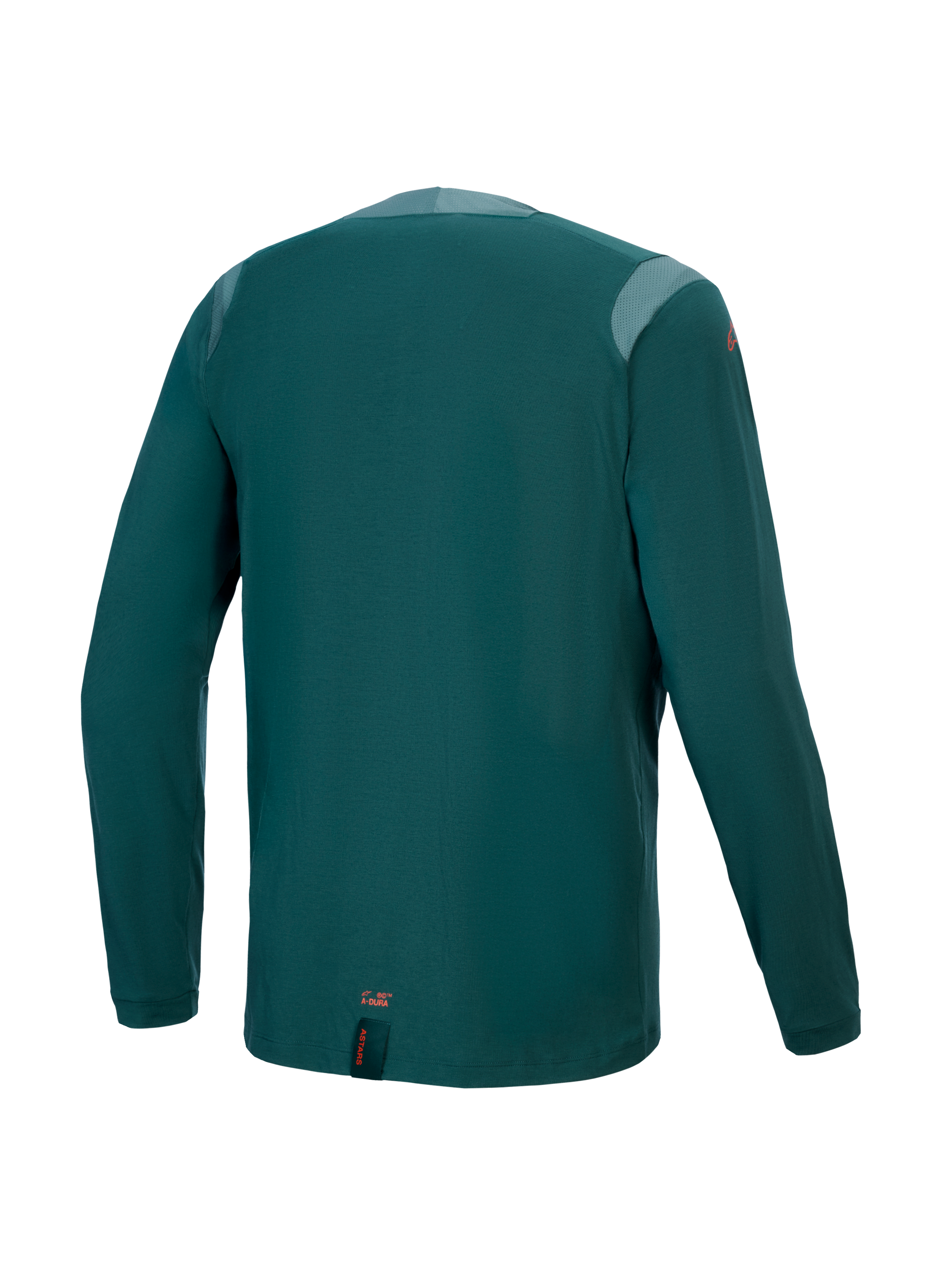 Alpinestars A-Dura Dri Wool Jersey – Langarm, Dark Pine, Rückansicht mit Mesh-Einsätzen an den Schultern und am Kragen, technisches Wollmischgewebe, verlängerter Rücken für MTB-Abdeckung, kleines oranges Branding am unteren Saum