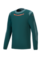 Alpinestars A-Dura Dri Wool Jersey – Langarm, Dark Pine Grün, Performance-Mountainbike-Trikot mit orangefarbenem Logo auf der Brust, hellgrauen Mesh-Einsätzen und Rundhalsausschnitt