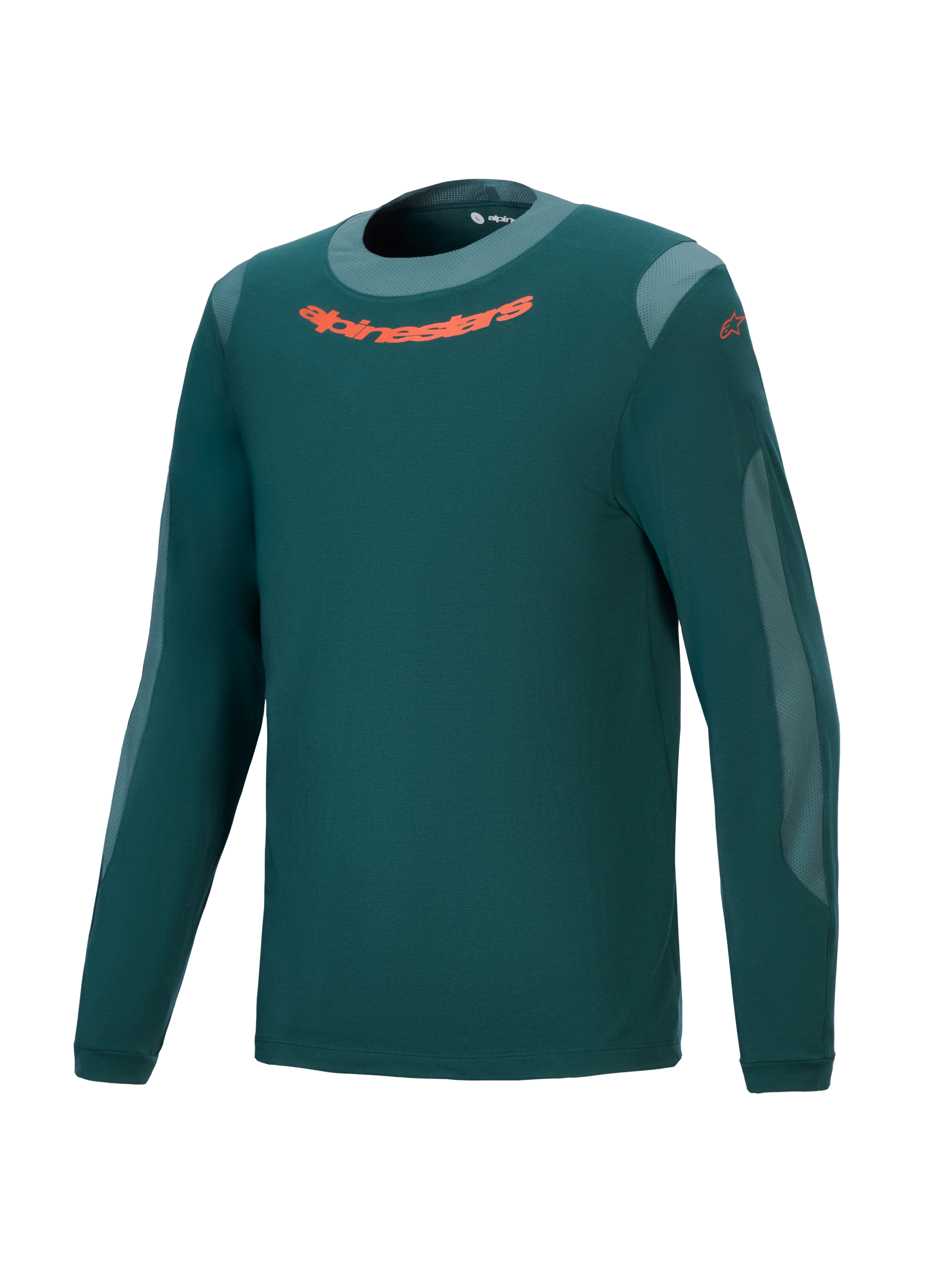 Alpinestars A-Dura Dri Wool Jersey – Langarm, Dark Pine Grün, Performance-Mountainbike-Trikot mit orangefarbenem Logo auf der Brust, hellgrauen Mesh-Einsätzen und Rundhalsausschnitt