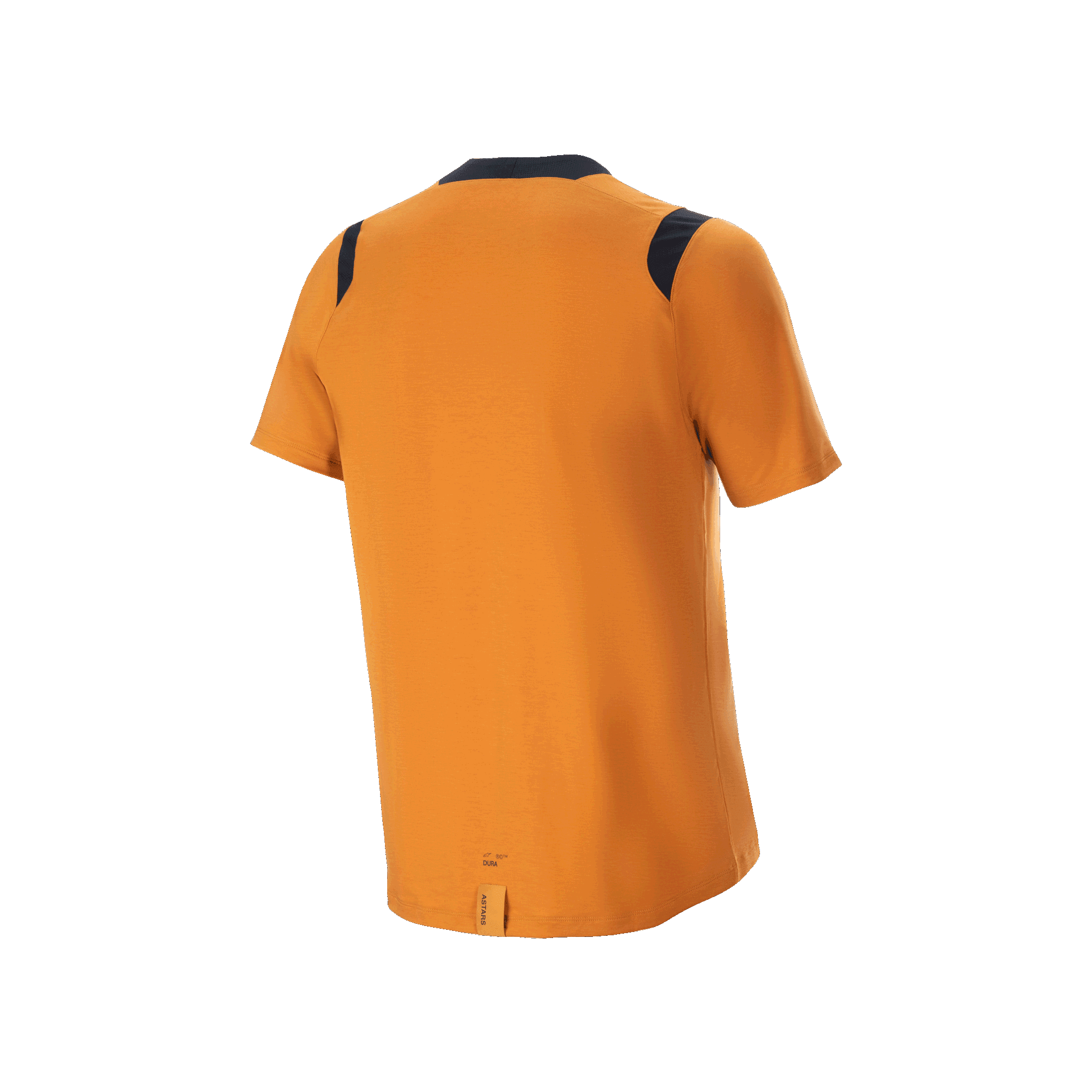 Alpinestars A-Dura Dri Wool Kurzarm-Trikot, Dark Gold, Rückansicht mit schwarzen Mesh-Einsätzen an den Schultern und längerem, abfallendem Saum, Performance-Radsportbekleidung