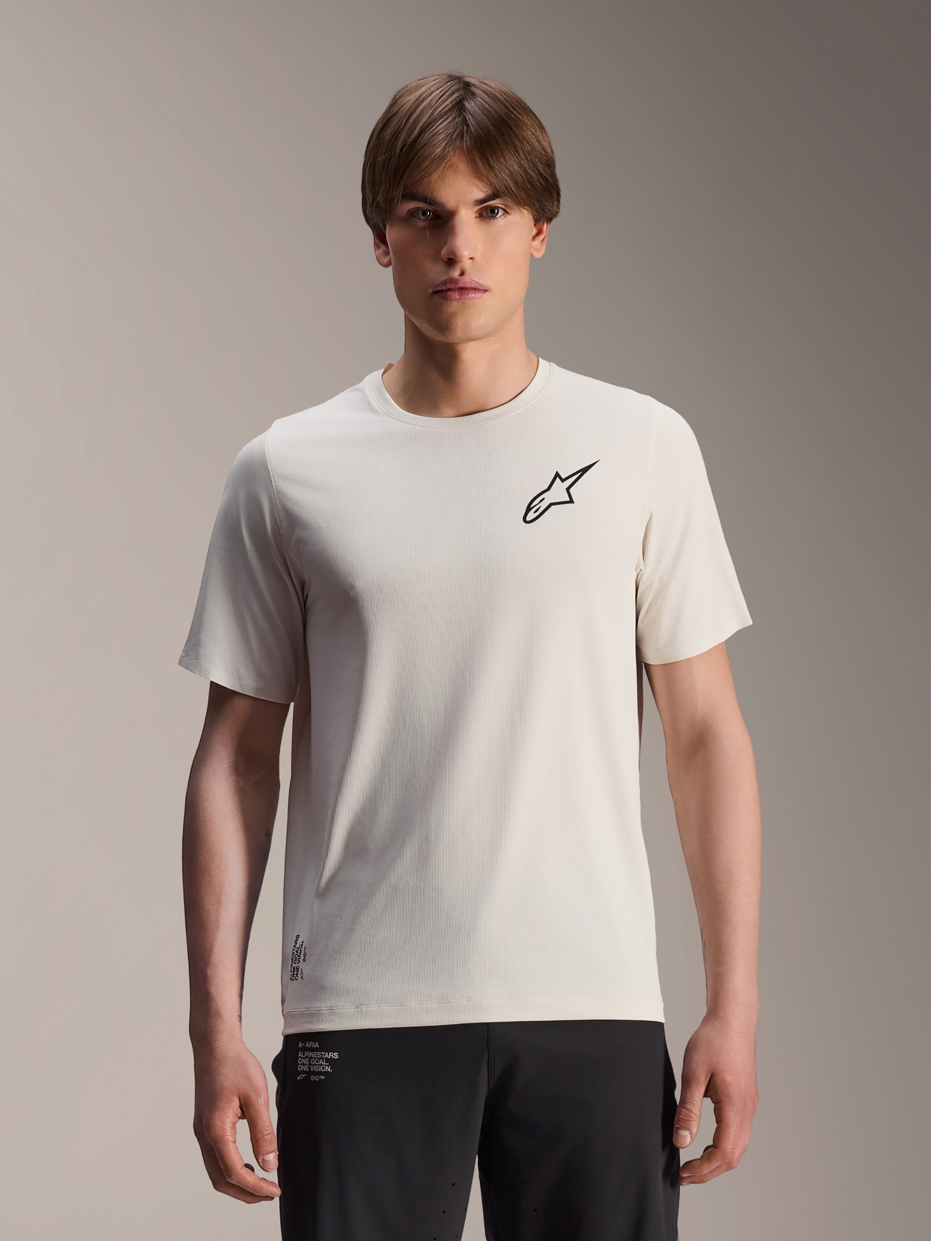 Alpinestars A-Aria Astar Jersey, Short Sleeve Cycling Jersey, Ecru with black star logo on chest, lightweight breathable polyester, performance fit for MTB trail riding
