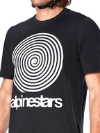 Alpinestars A-Dura Oscar Trikot, Kurzarm-MTB-Trikot, Schwarz, mit großer weißer Vintage-Oscar-Spiralgrafik und Alpinestars-Schriftzug auf der Brust, Performance-Radsportbekleidung