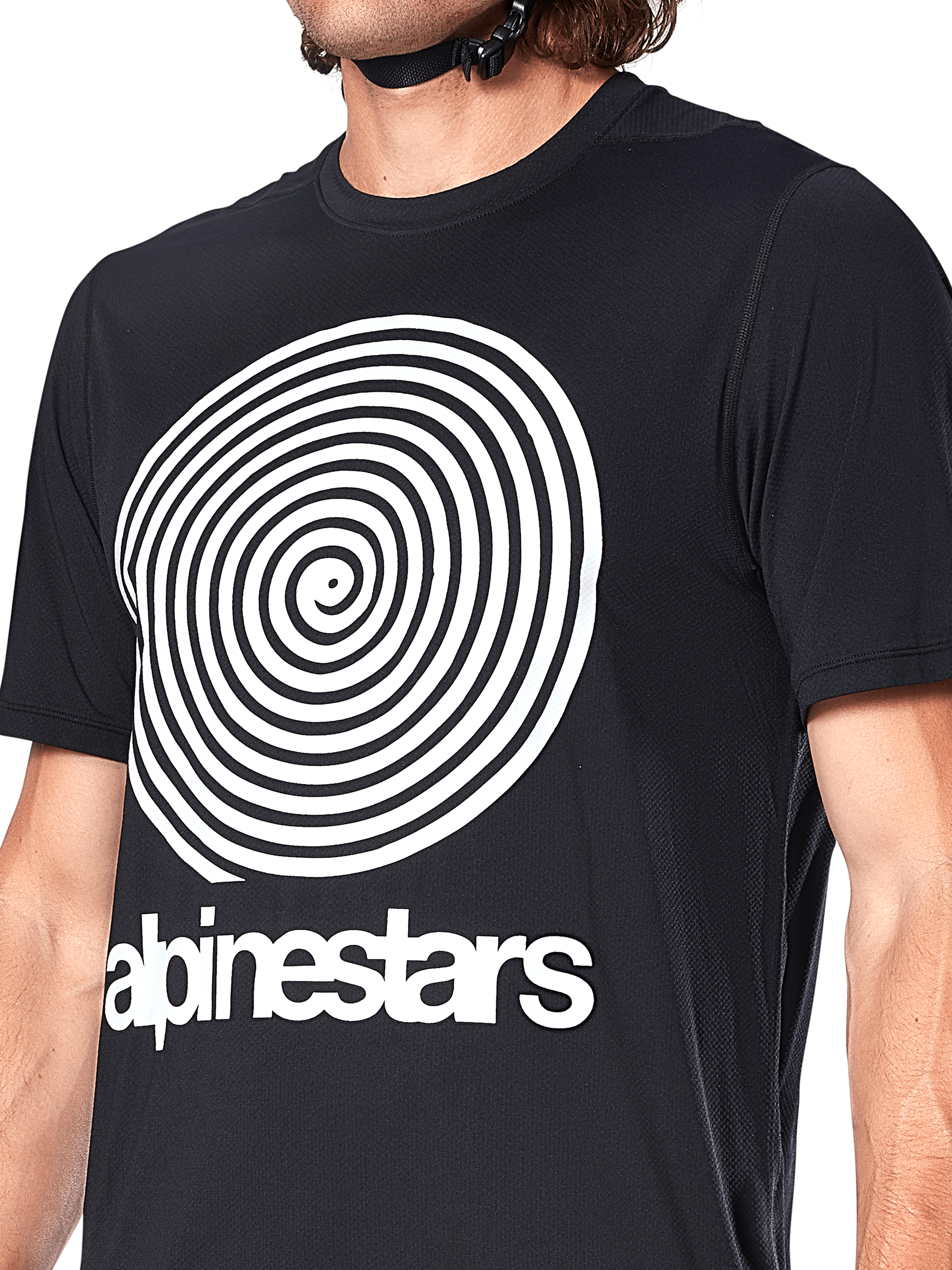Alpinestars A-Dura Oscar Trikot, Kurzarm-MTB-Trikot, Schwarz, mit großer weißer Vintage-Oscar-Spiralgrafik und Alpinestars-Schriftzug auf der Brust, Performance-Radsportbekleidung