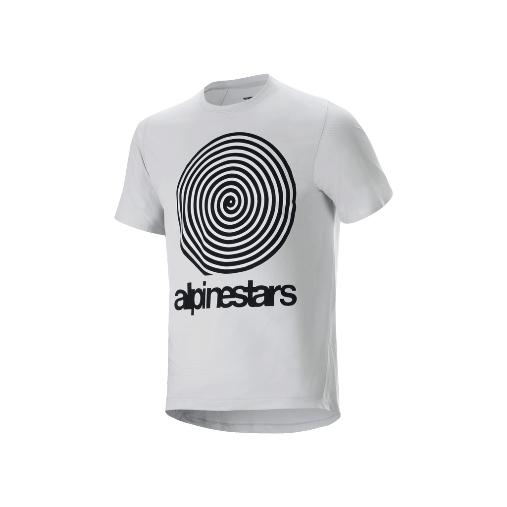 Alpinestars A-Dura Oscar Kurzarmtrikot, White Dove, mit einer großen schwarzen Vintage-Oscar-Spiralgrafik und Alpinestars-Branding auf der Vorderseite, technisches Jacquard-Material für Mountainbike-Trail-Fahrten