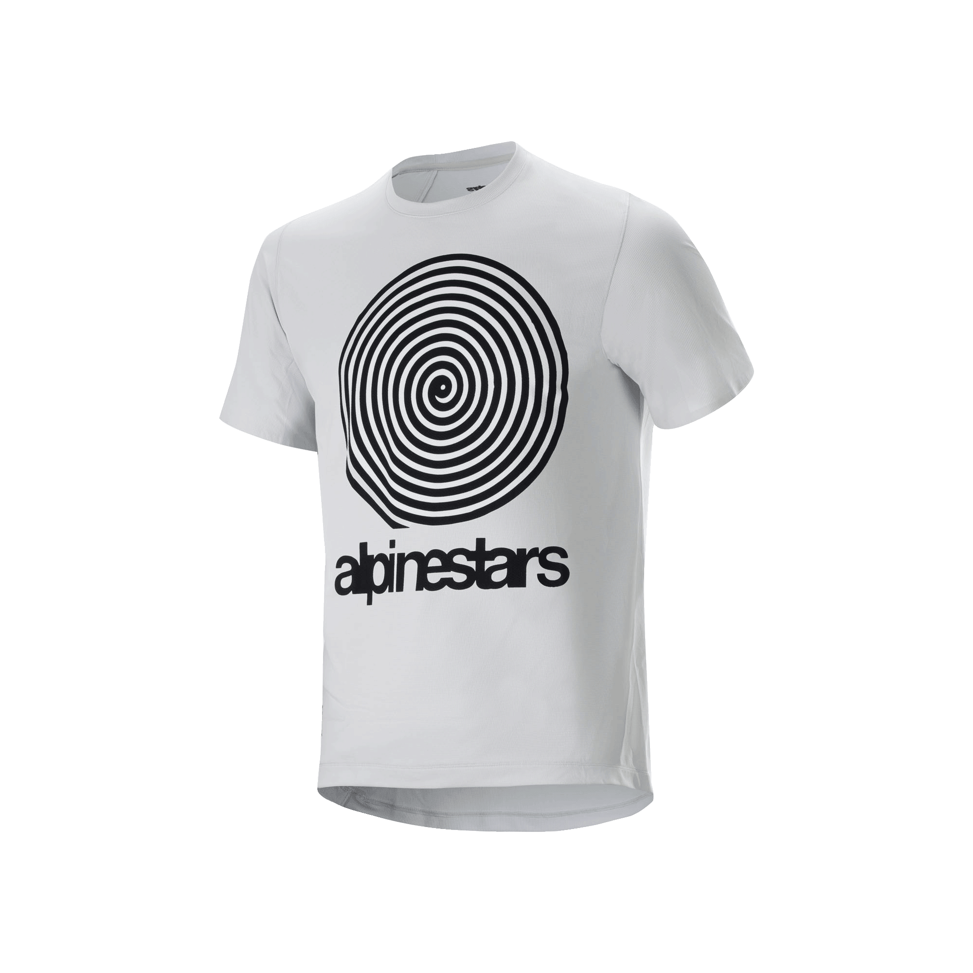 Alpinestars A-Dura Oscar Kurzarmtrikot, White Dove, mit einer großen schwarzen Vintage-Oscar-Spiralgrafik und Alpinestars-Branding auf der Vorderseite, technisches Jacquard-Material für Mountainbike-Trail-Fahrten