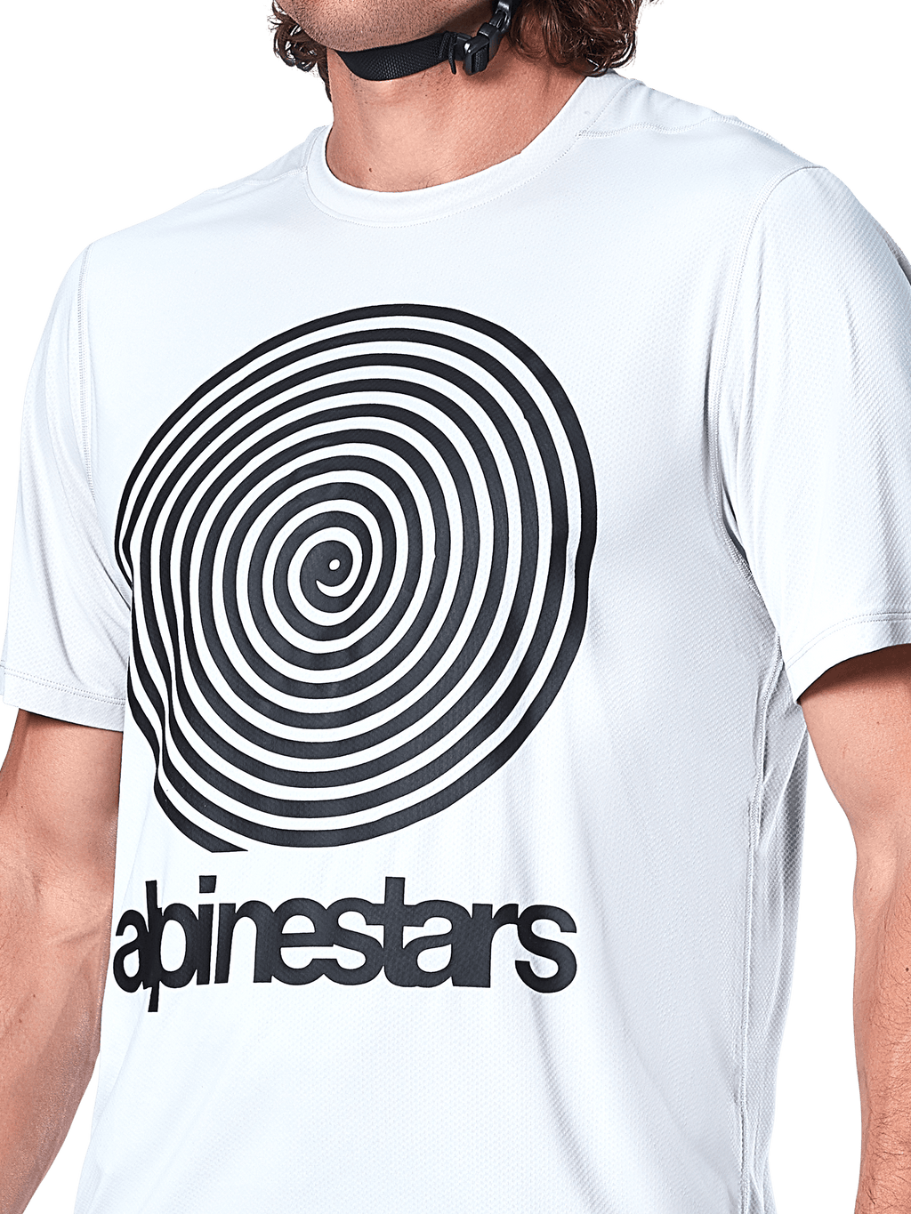 Alpinestars A-Dura Oscar Trikot, Kurzarm-MTB-Trikot, White Dove, große schwarze Oscar-Spiralgrafik auf der Brust, Alpinestars-Schriftzug im Siebdruck, Jacquard-Strickstruktur, Performance-Radsportbekleidung