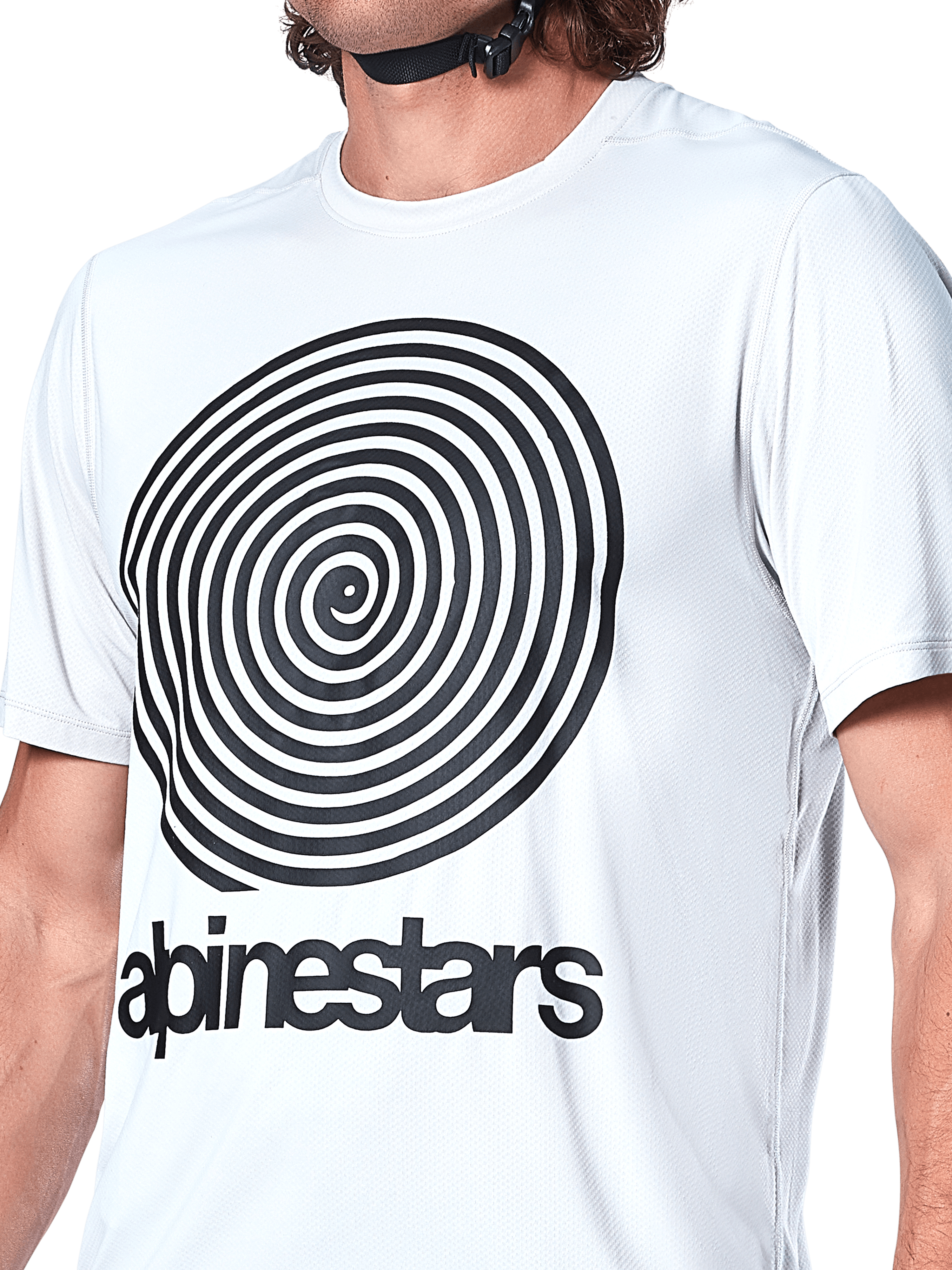 Alpinestars A-Dura Oscar Trikot, Kurzarm-MTB-Trikot, White Dove, große schwarze Oscar-Spiralgrafik auf der Brust, Alpinestars-Schriftzug im Siebdruck, Jacquard-Strickstruktur, Performance-Radsportbekleidung
