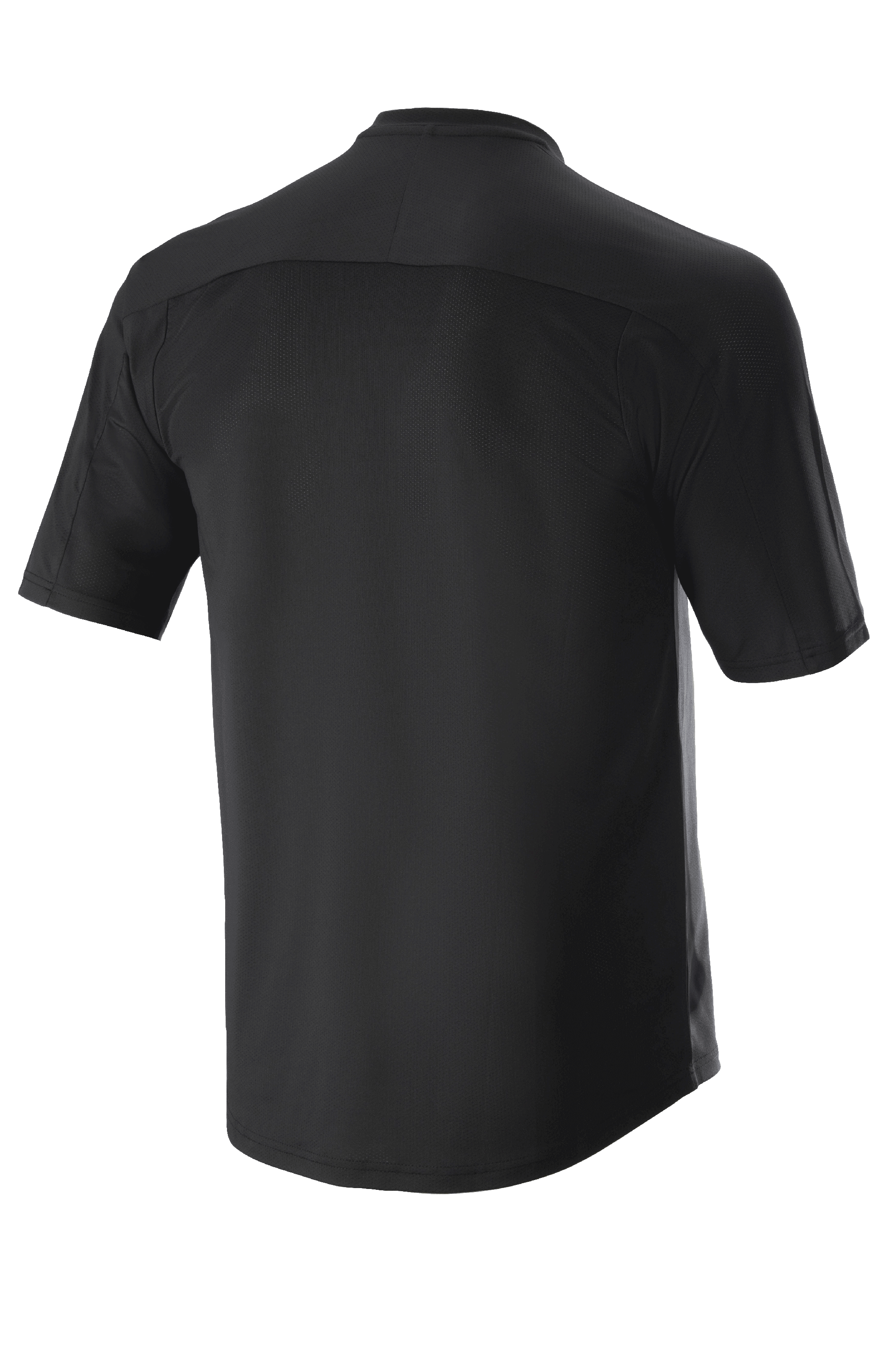 Alpinestars Drop Meta Trikot - Kurzarm, Schwarz, Rückansicht mit einzigartiger Schulterpasse und Ärmelnaht, verlängerter Saum für Rückenabdeckung, leichtes atmungsaktives Mesh für Mountainbiking