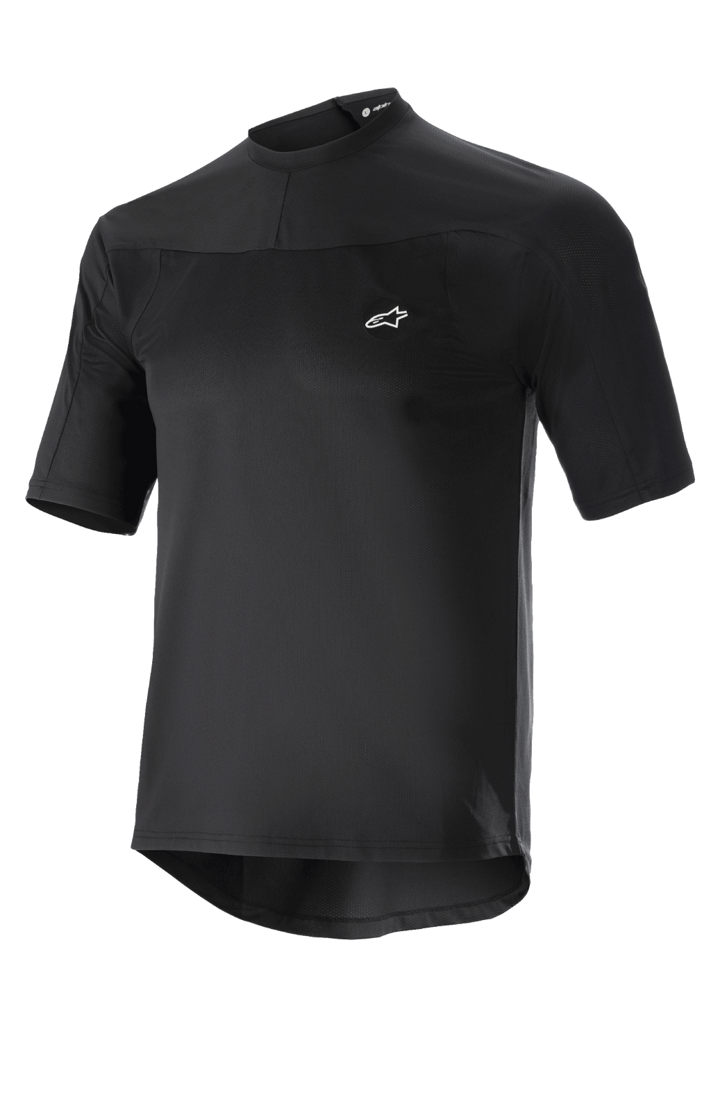 Alpinestars Drop Meta Jersey, Kurzarm-MTB-Radtrikot, Schwarz, leichtes Mesh-Gewebe, kleines weißes Logo auf der Brust, Rundkragen und verlängerte Rückenpartie für zusätzliche Abdeckung