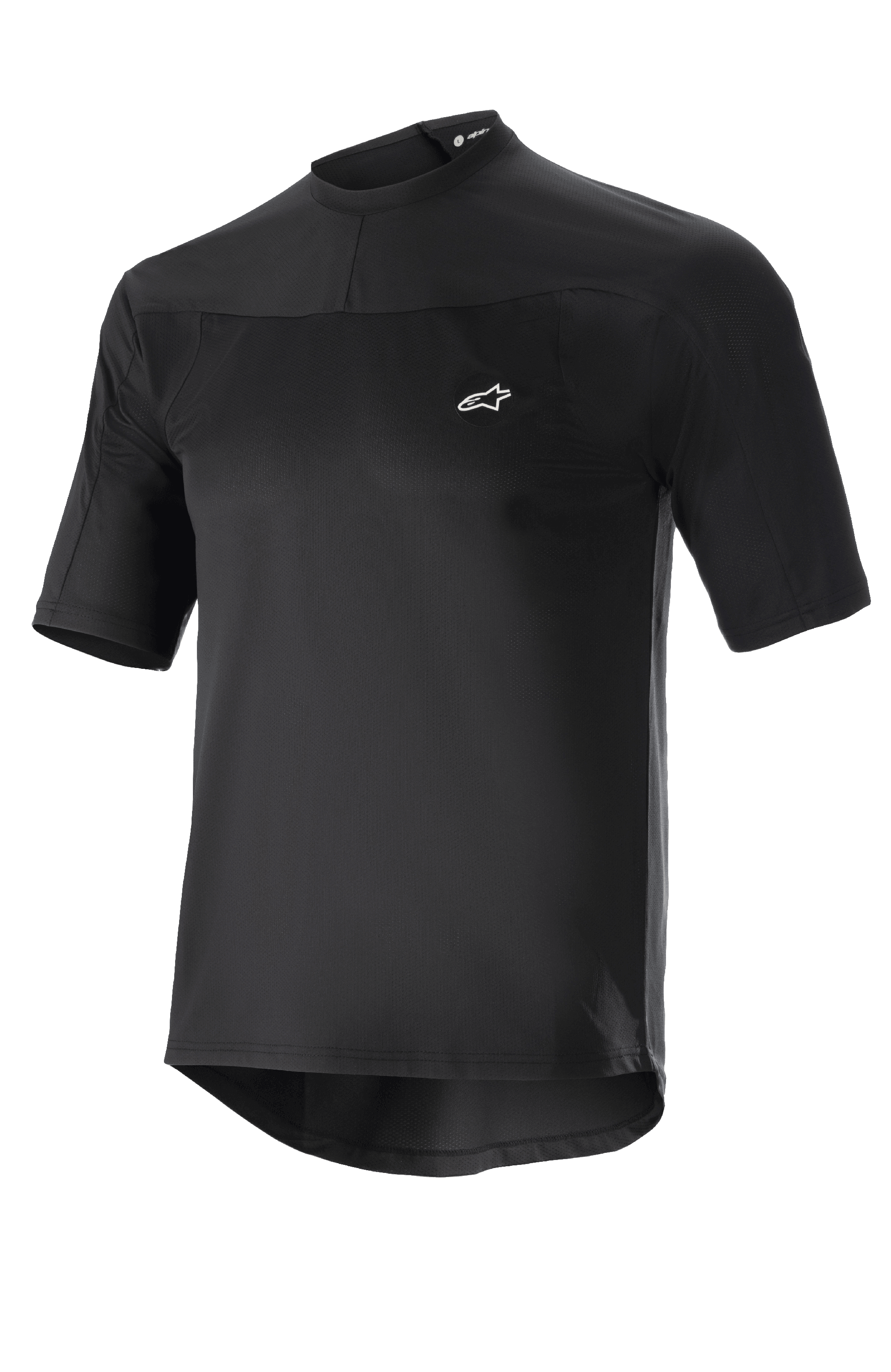 Alpinestars Drop Meta Jersey, Kurzarm-MTB-Radtrikot, Schwarz, leichtes Mesh-Gewebe, kleines weißes Logo auf der Brust, Rundkragen und verlängerte Rückenpartie für zusätzliche Abdeckung