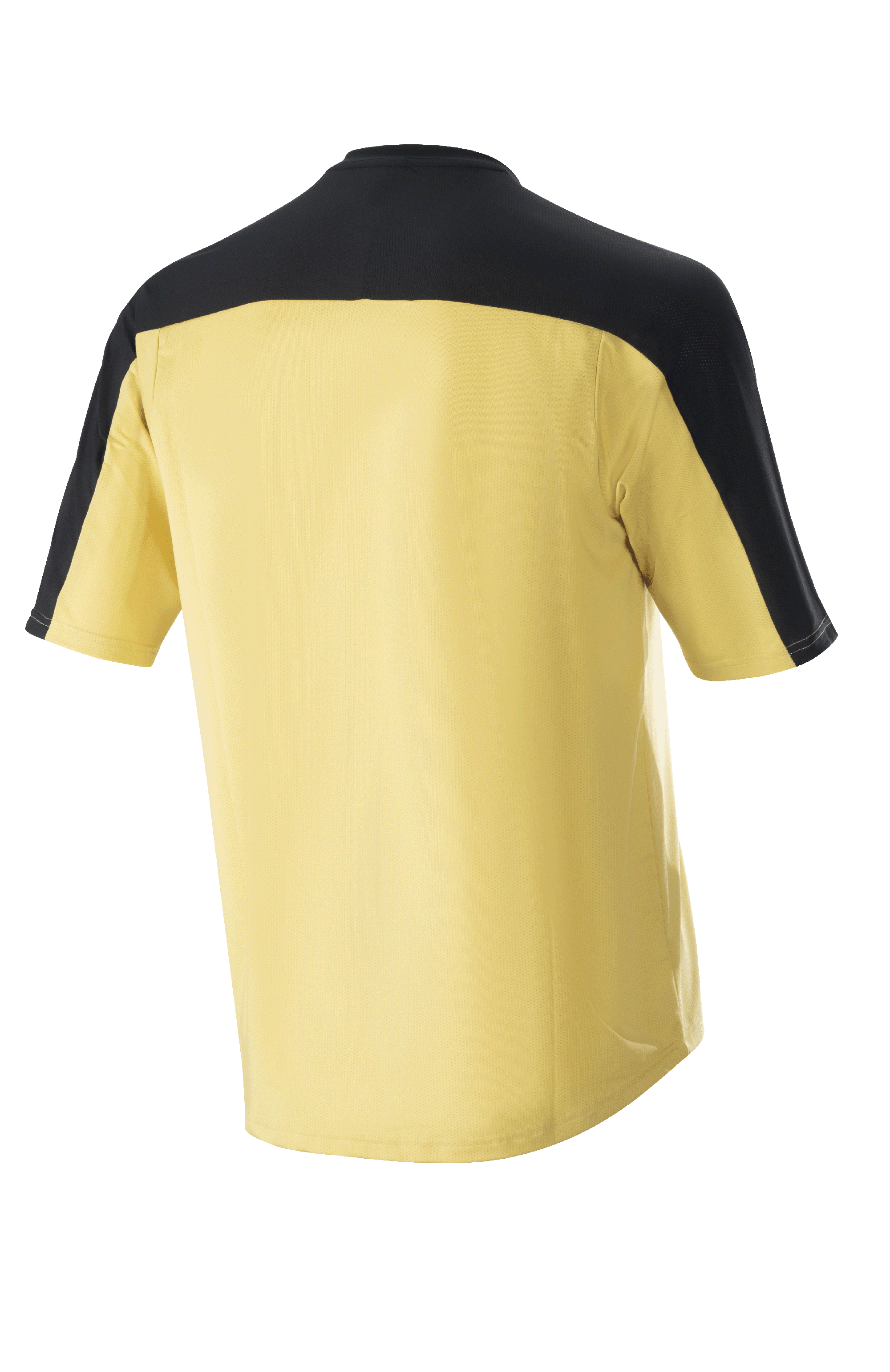 Alpinestars Drop Meta Jersey – Kurzarm, Mountainbike-Trikot, Gold mit schwarzer Schulterpasse und Ärmeleinsätzen, Rückansicht, verlängerter Saum für bessere Abdeckung, leichtes Mesh-Material.