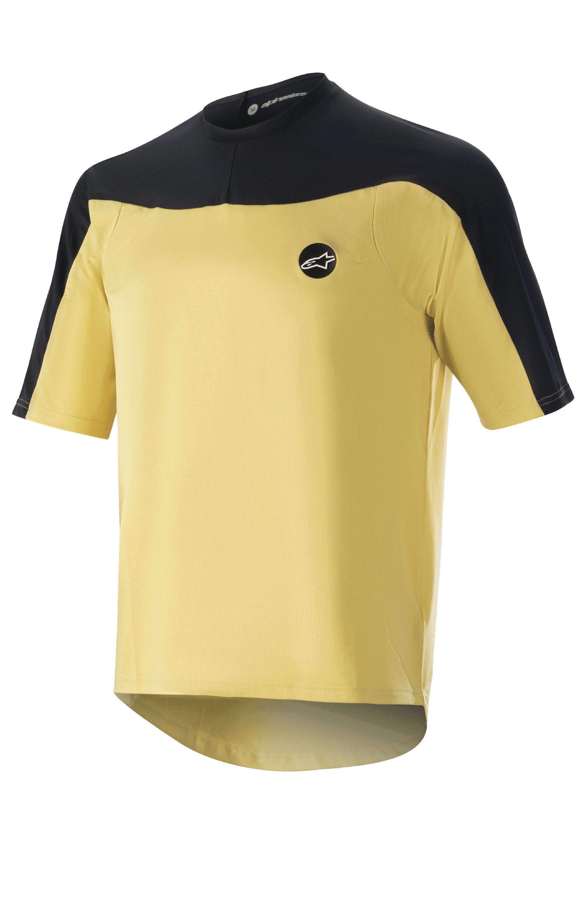 Alpinestars Drop Meta Trikot – Kurzarm, MTB-Fahrradtrikot, Gold und Schwarz, Mesh-Konstruktion mit farblich abgesetzten Schulterpartien, kreisförmiges Brustlogo und verlängerter Rücksaum.