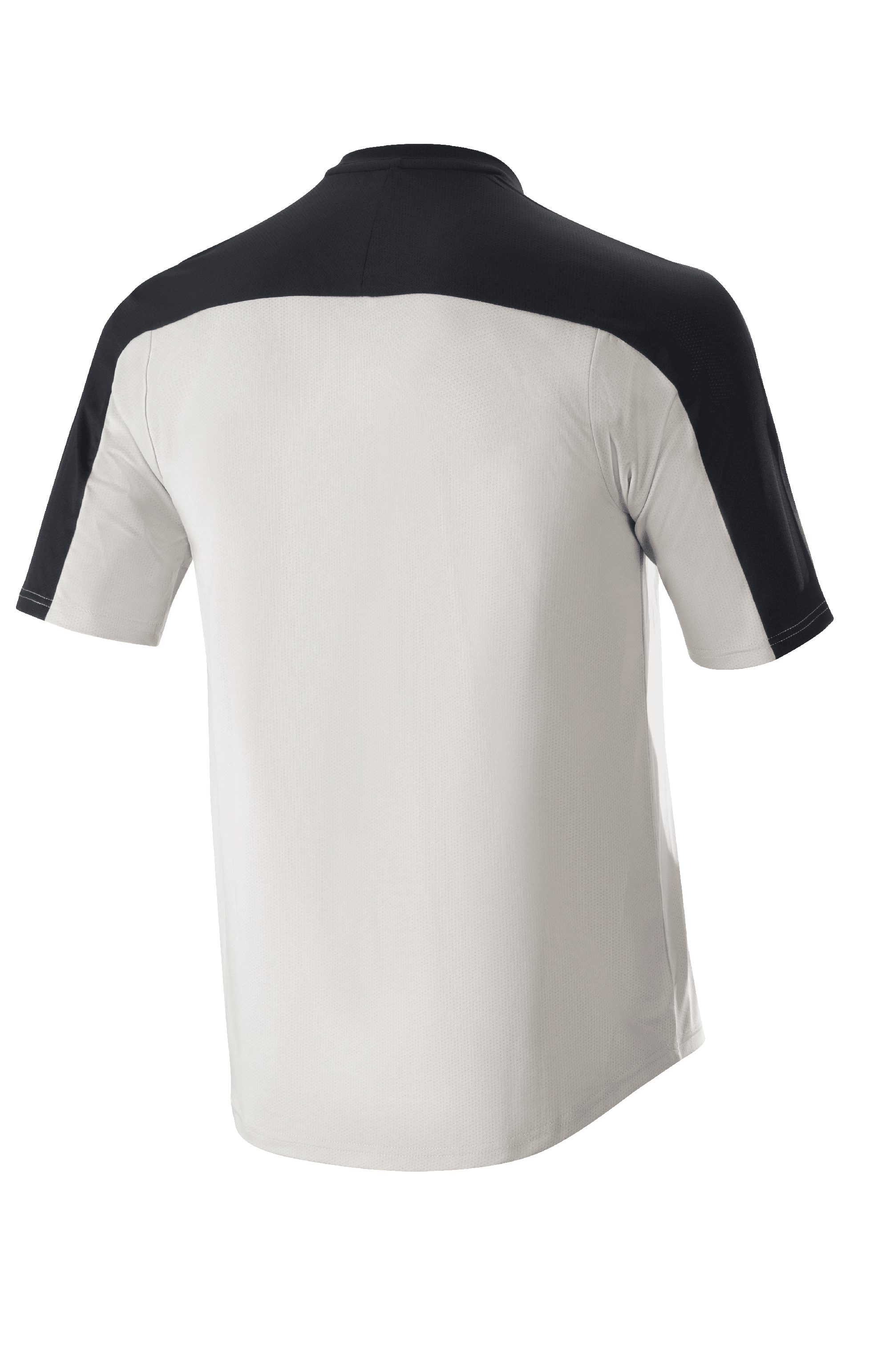 Alpinestars Drop Meta Trikot - Kurzarm, MTB-Trikot, Hellgrau und Schwarz, Rückansicht mit schwarzer Schulterpasse und verlängertem Rückenteil, atmungsaktive Mesh-Konstruktion für Offroad-Radsport
