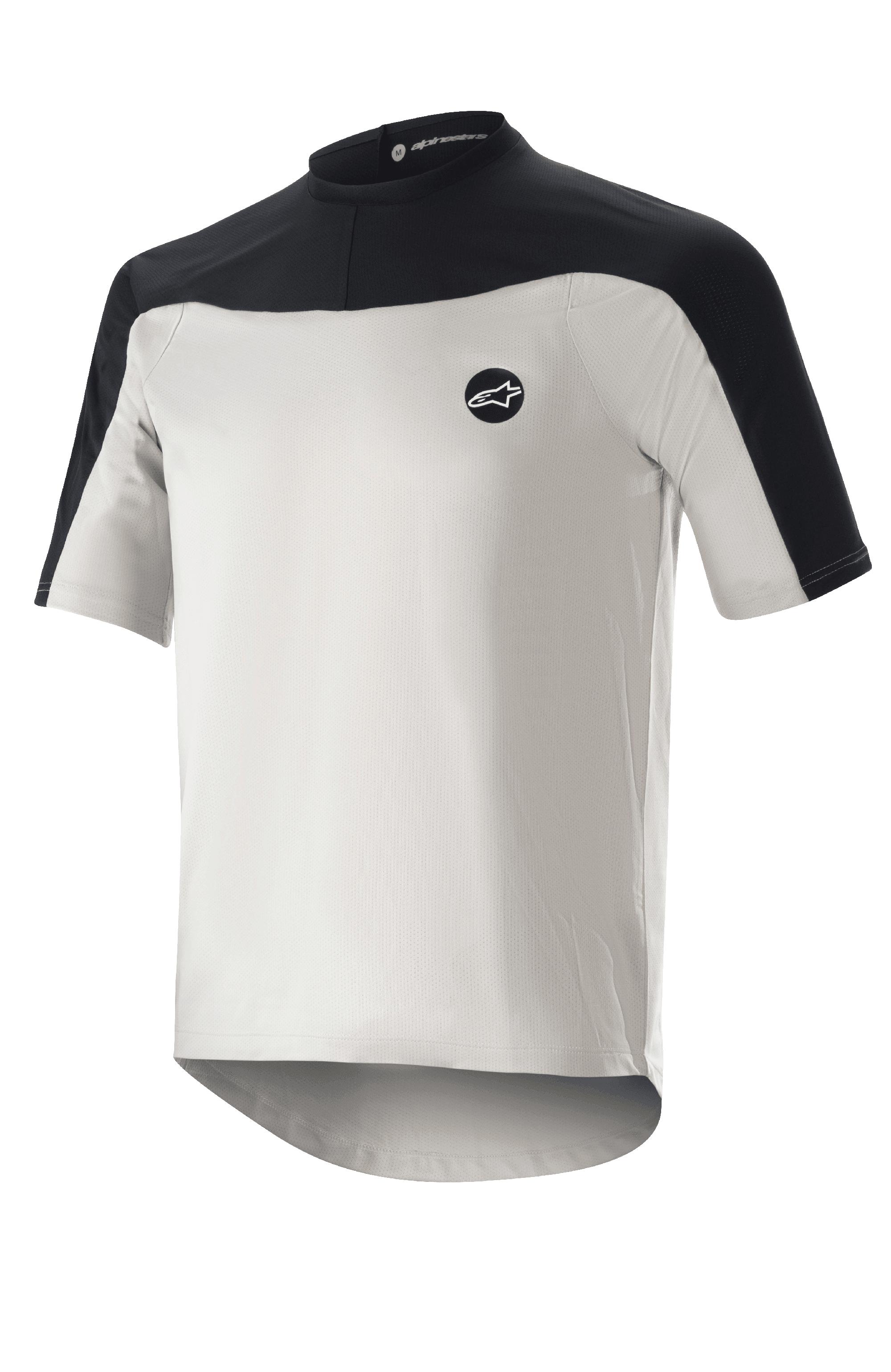 Alpinestars Drop Meta Kurzarm-Trikot, Mountainbike-Trikot, Hellgrau und Schwarz, atmungsaktive Mesh-Konstruktion, schwarze Schulterpasse, Rundhalsausschnitt, verlängertes Rückenteil für zusätzliche Abdeckung.
