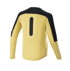 Alpinestars Drop Meta Trikot – Langarm, Mountainbike-Trikot, Gold und Schwarz, Rückansicht mit schwarzen Schulterpartien und vertikaler Grafik, leichtes Mesh-Gewebe mit verlängerter Rückenpartie für MTB-Trail-Fahrten
