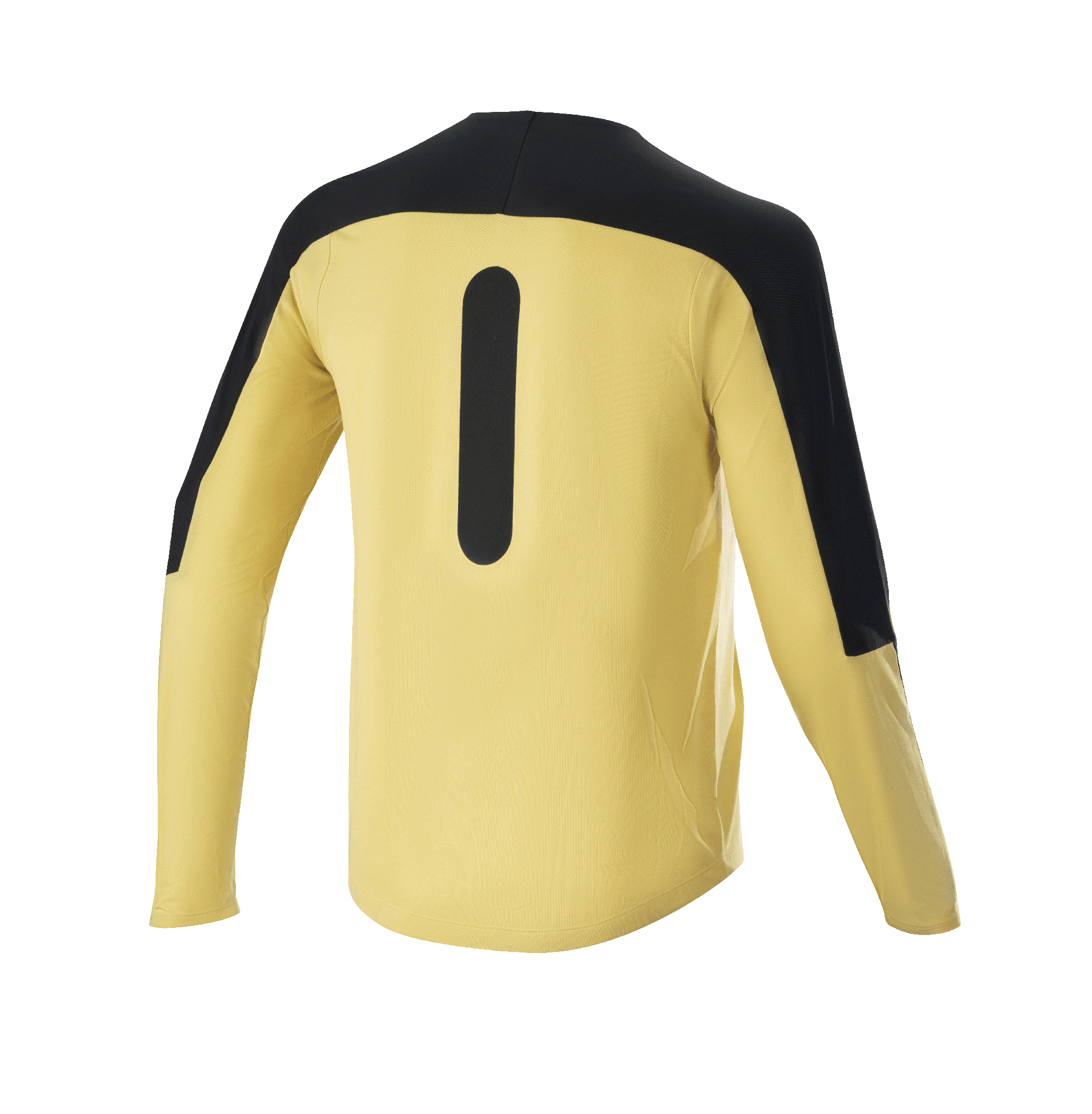 Alpinestars Drop Meta Trikot – Langarm, Mountainbike-Trikot, Gold und Schwarz, Rückansicht mit schwarzen Schulterpartien und vertikaler Grafik, leichtes Mesh-Gewebe mit verlängerter Rückenpartie für MTB-Trail-Fahrten